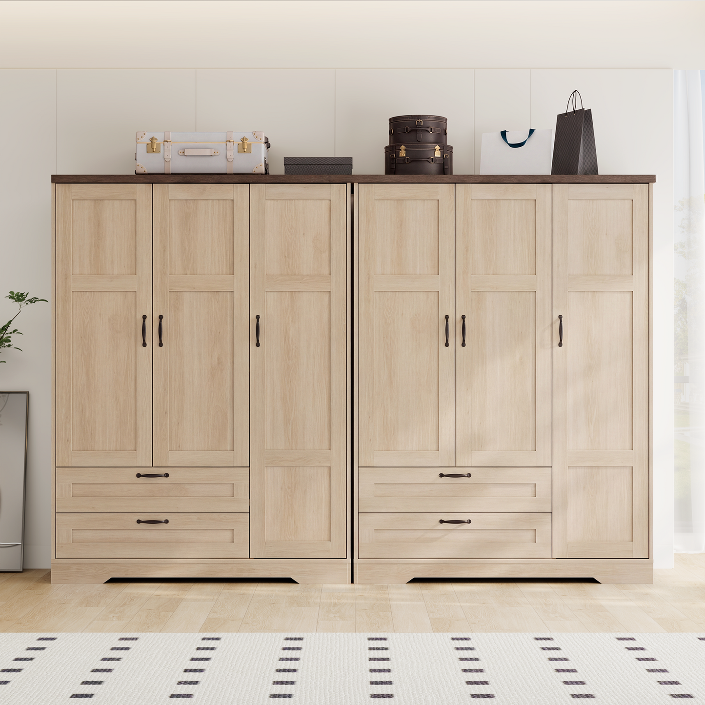 Brafabhome 62"H Wooden Armoire Wardrobe Closet with 2 Drawers, 3 Doors Modern Wardrobe Cabinet with Mirror and Adjustable Shelf for Clothes Coats