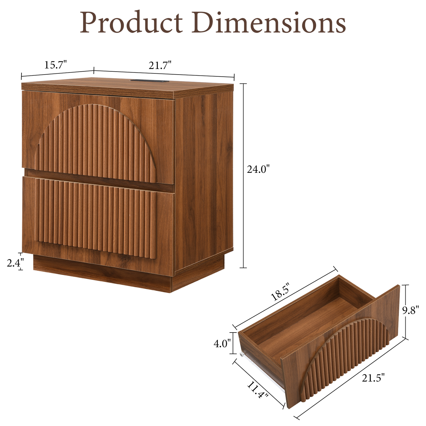 Brafabhome Wood Nightstands with Charging Station, Arched Reeded Night Stand with 2 Drawers, Modern Bedside Tables for Bedroom Living Room