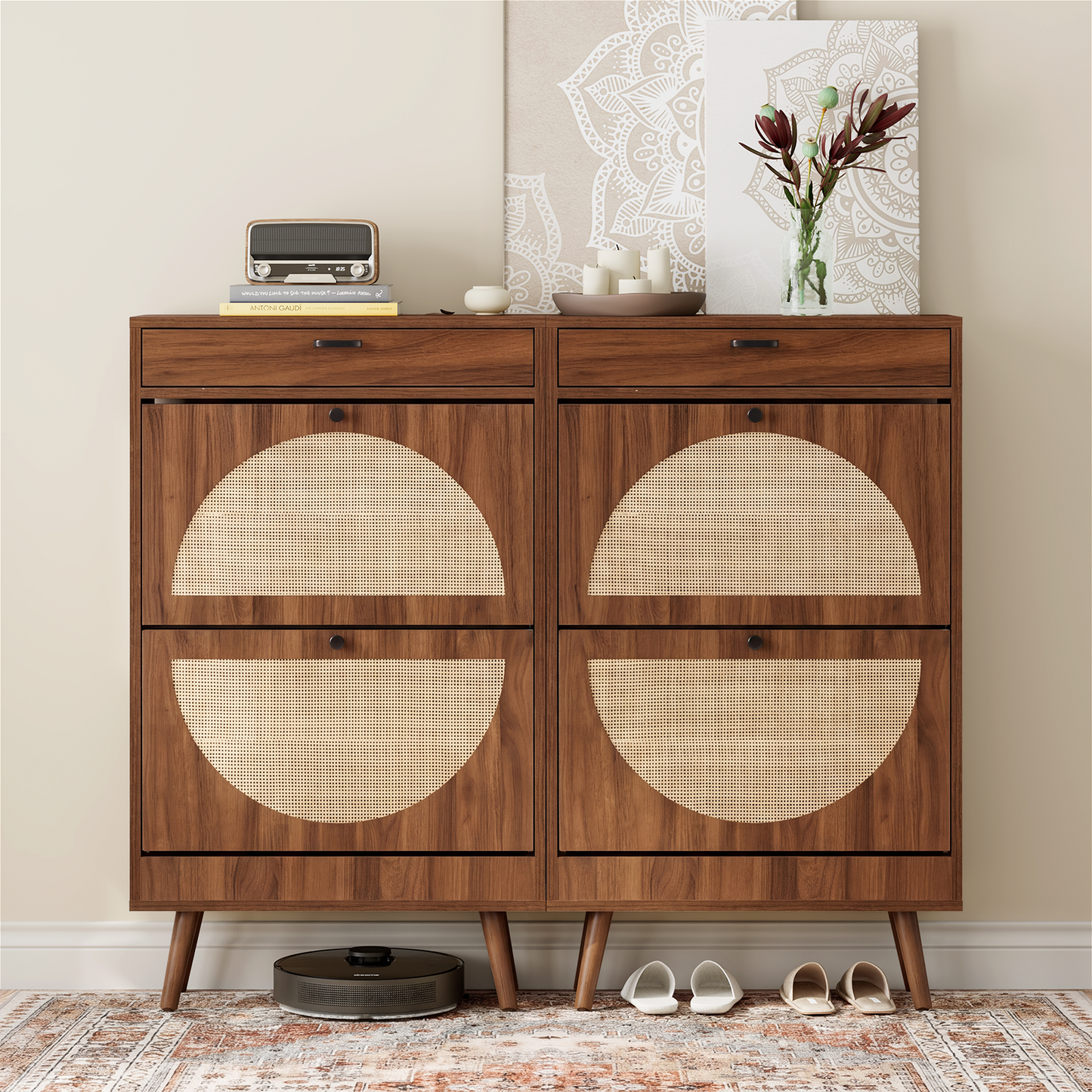 Brafabhome Narrow Shoe Storage Cabinet with 2 Flip Drawers, Rattan Floor Shoe Holder with Shelves & Sturdy Legs for Entryway | 12 Pairs