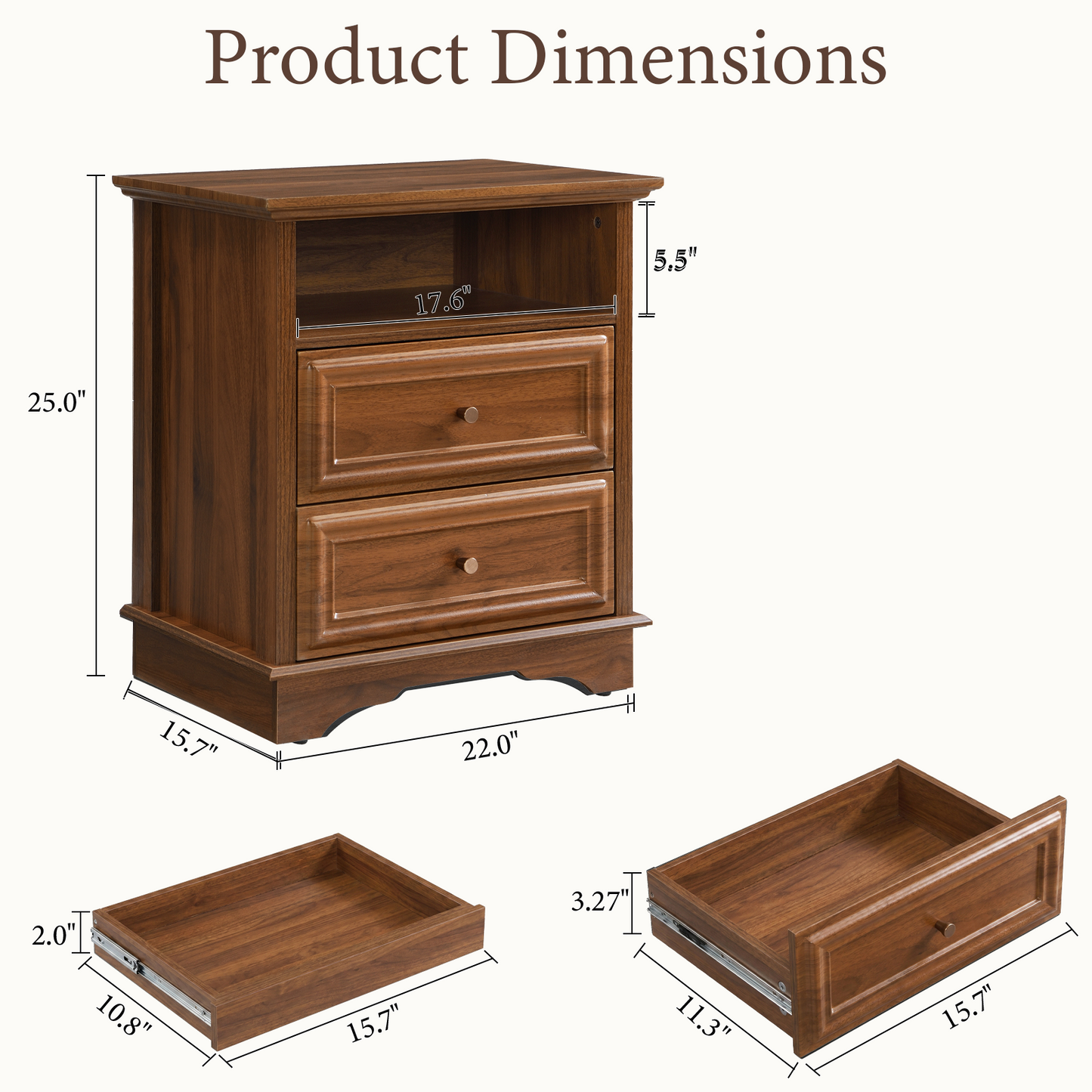 Brafabhome Farmhouse Mid Century Modern Nightstand, 2-Drawer 25" Tall Wood