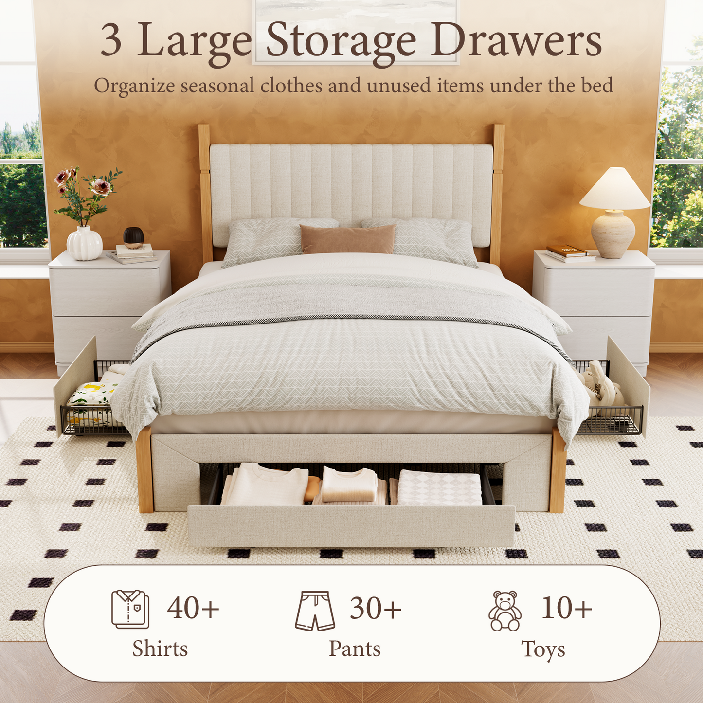 Brafabhome Queen Bed Frame with Upholstered Headboard, Modern Wood Platform Bed Frame with 3 Storage Drawers, No Box Spring Needed, Beige Linen