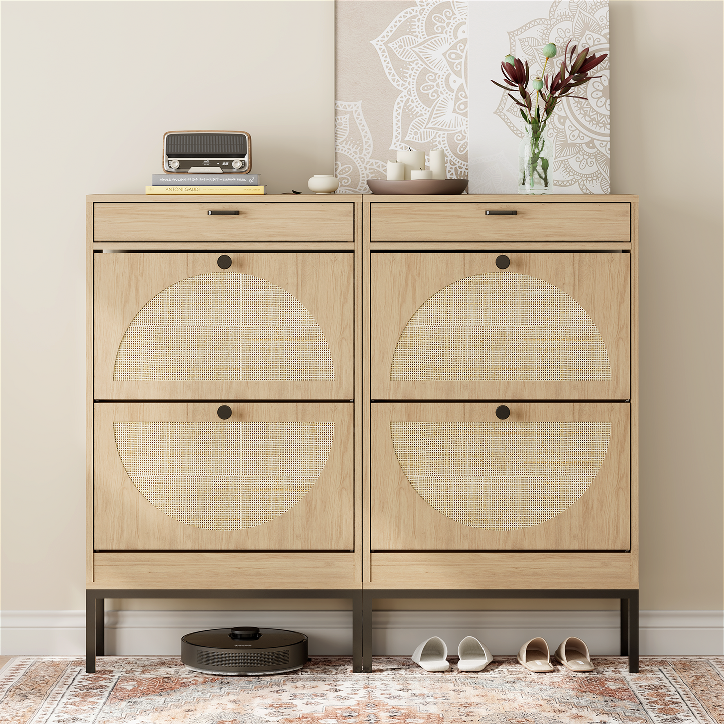 Brafabhome Narrow Shoe Storage Cabinet with 2 Flip Drawers, Rattan Floor Shoe Holder with Shelves & Sturdy Legs for Entryway | 12 Pairs