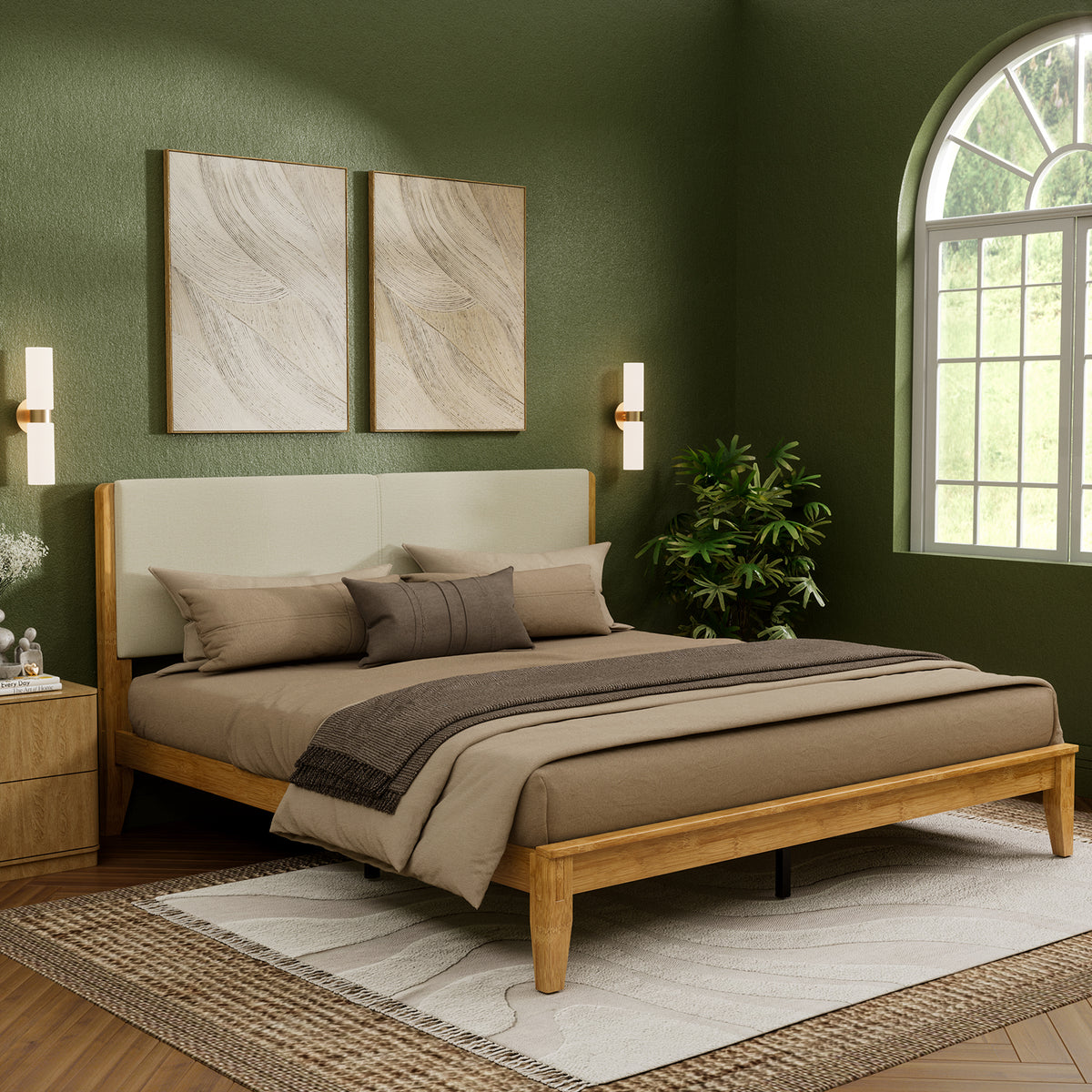 Brafabhome Bed Frame with Upholstered Headboard, Joinery Bamboo Wood Platform Bed with Noise Free Wood Slats, Easy Assembly, No Box Spring Needed