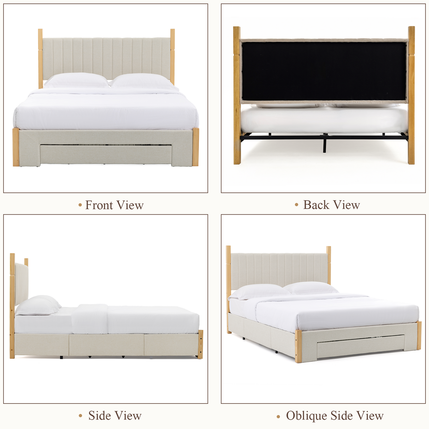 Brafabhome Queen Bed Frame with Upholstered Headboard, Modern Wood Platform Bed Frame with 3 Storage Drawers, No Box Spring Needed, Beige Linen