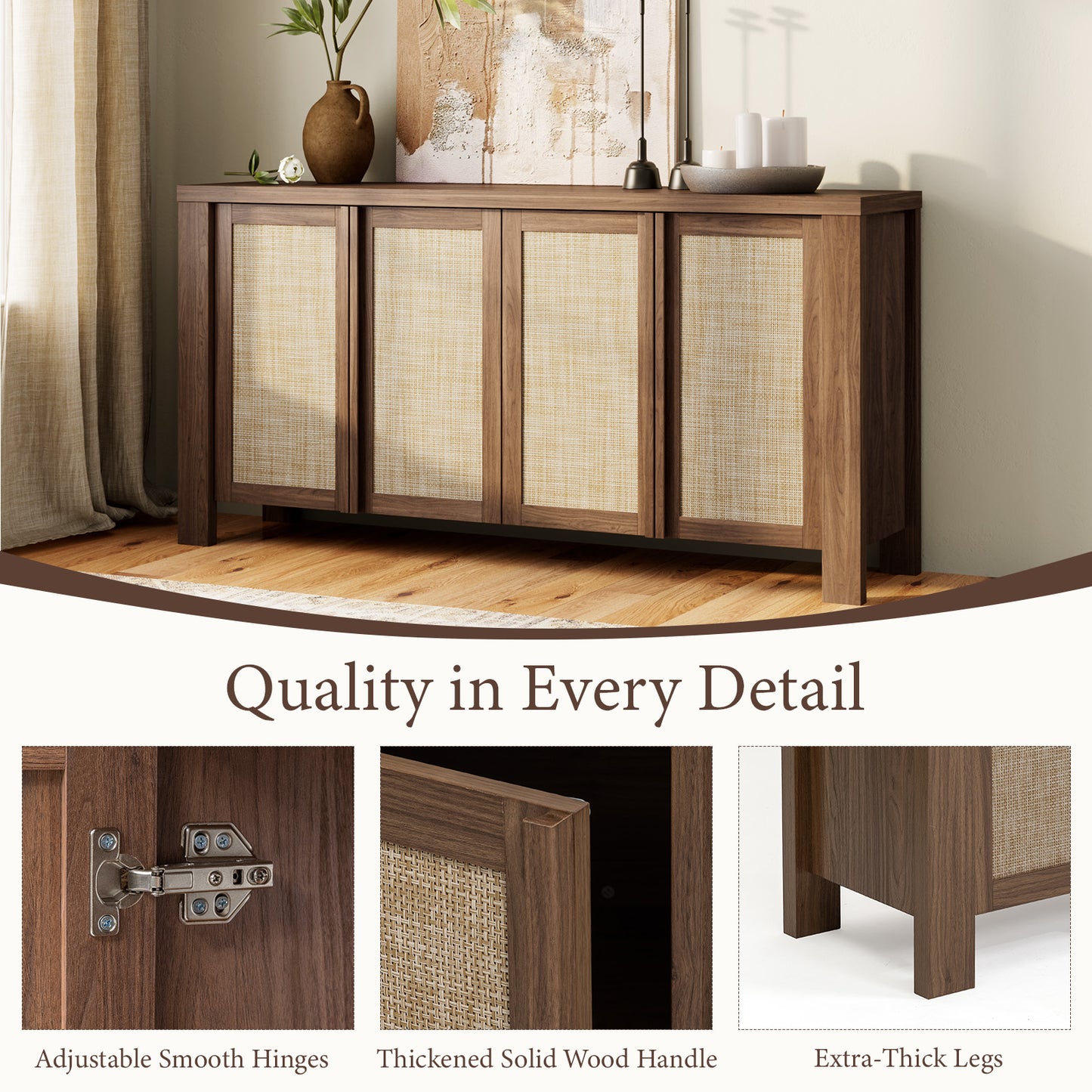 Brafabhome 63" Wide Sideboard with Solid Wood Handles, 4 Doors Buffet Cabinet with Storage Shelf for Living Room, Dining Room, Entryway