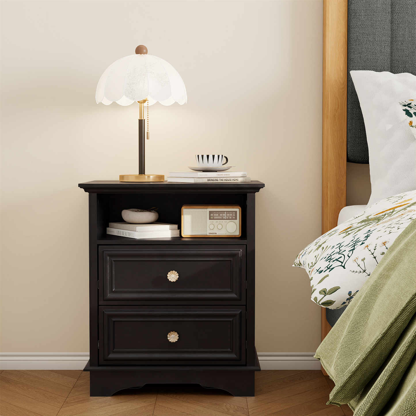 Brafabhome Farmhouse Mid Century Modern Nightstand, 2-Drawer 25" Tall Wood