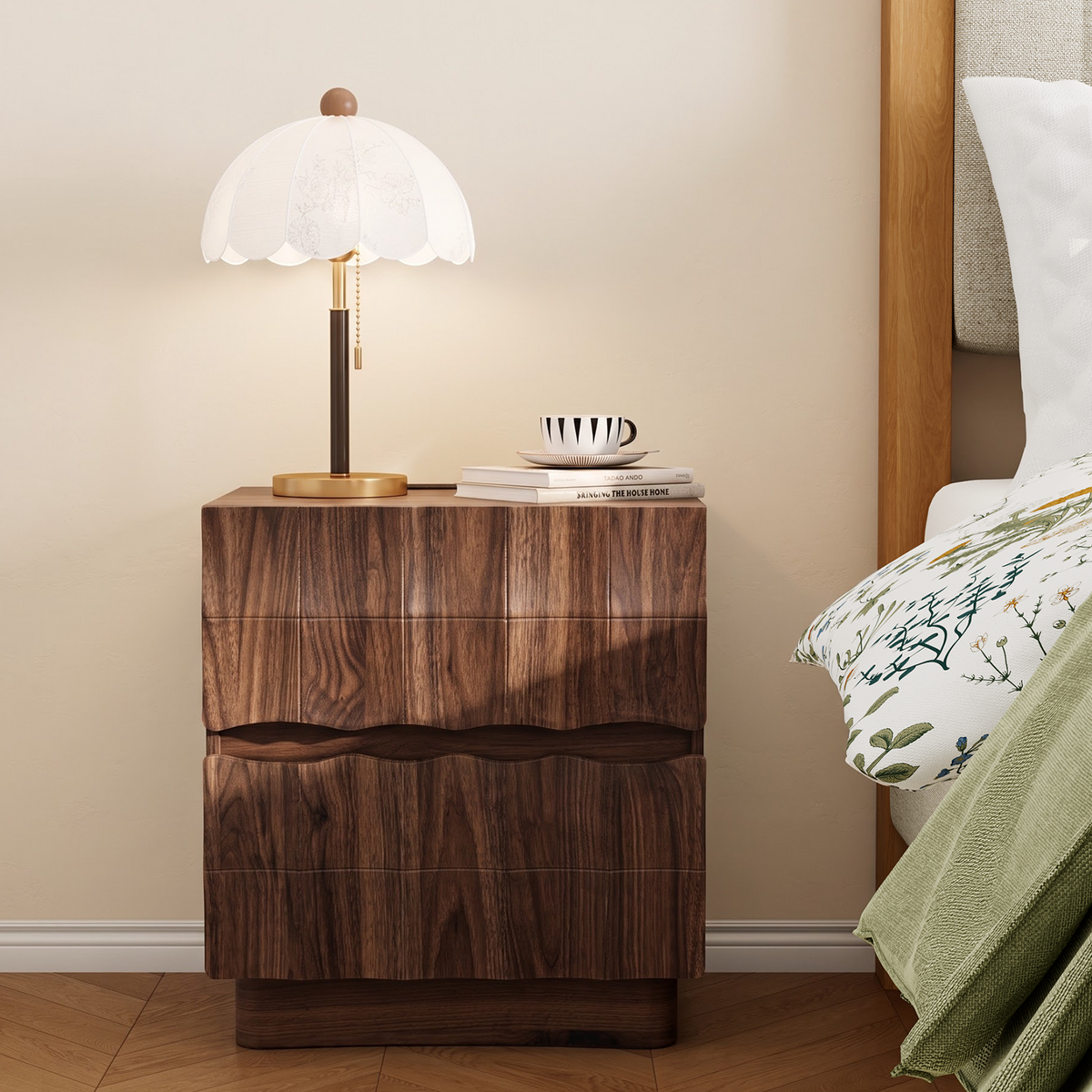 Brafabhome Fast Charing Nightstands with 2 Drawers, Wooden Bedside Table with Artistic 3D Embossed Panel, Farmhouse Night Stand with Storage for Bedroom