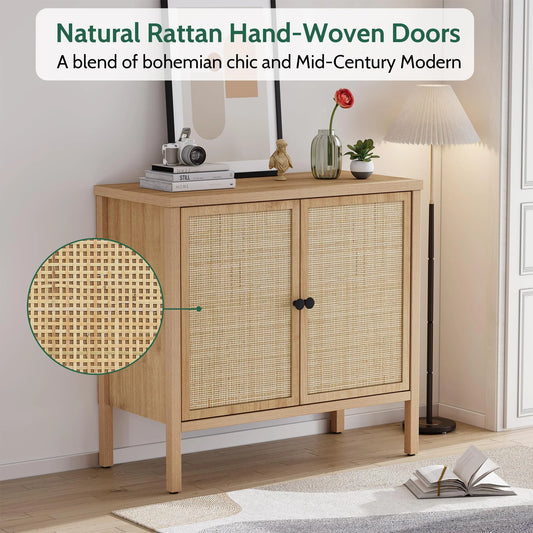Brafabhome Rattan Cabinet with Adjustable Shelves, Sideboard Buffet Cabinet with Storage, Accent Console Cabinet Credenza for Living Room Dining Room Entryway, Natural