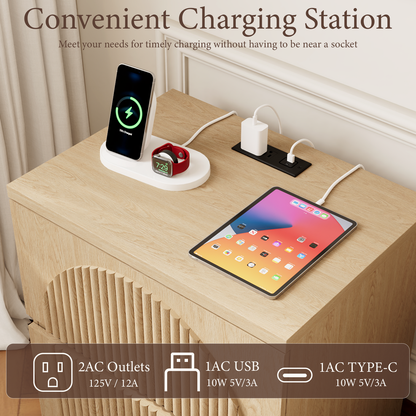 Brafabhome Wood Nightstands with Charging Station, Arched Reeded Night Stand with 2 Drawers, Modern Bedside Tables for Bedroom Living Room