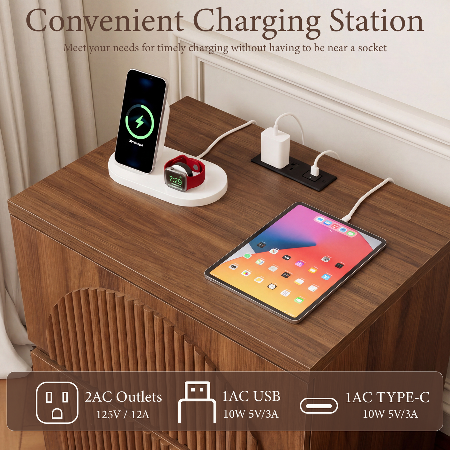 Brafabhome Wood Nightstands with Charging Station, Arched Reeded Night Stand with 2 Drawers, Modern Bedside Tables for Bedroom Living Room