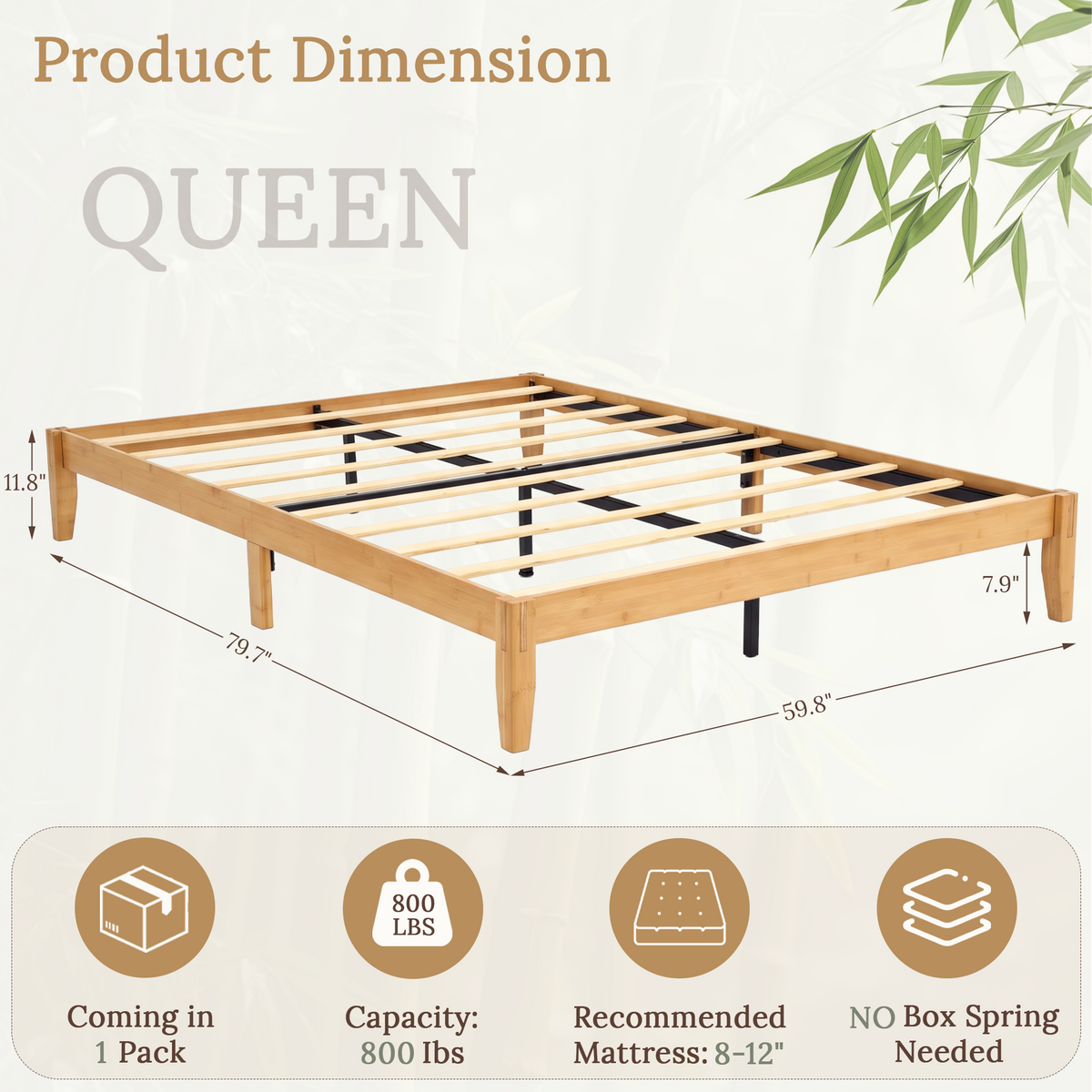 Brafabhome Bamboo Queen Platform Bed Frame with Sturdy Support Legs, Joinery Bed Frame with Noise Free Solid Wood Slats, No Box Spring Needed, Easy Assembly