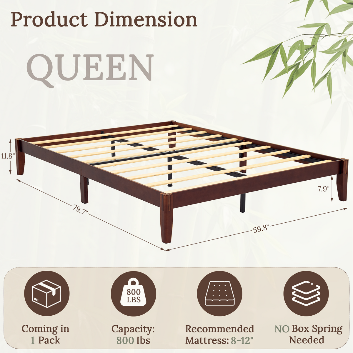 Brafabhome Bamboo Queen Platform Bed Frame with Sturdy Support Legs, Joinery Bed Frame with Noise Free Solid Wood Slats, No Box Spring Needed, Easy Assembly