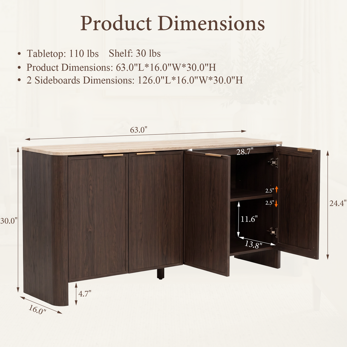 Brafabhome Modern Curved Buffet Cabinet with Storage, 63" Wide Wooden Modular Sideboard Cabinet with Faux Marble Top & Adjustable Shelf for Living Room Dining Room