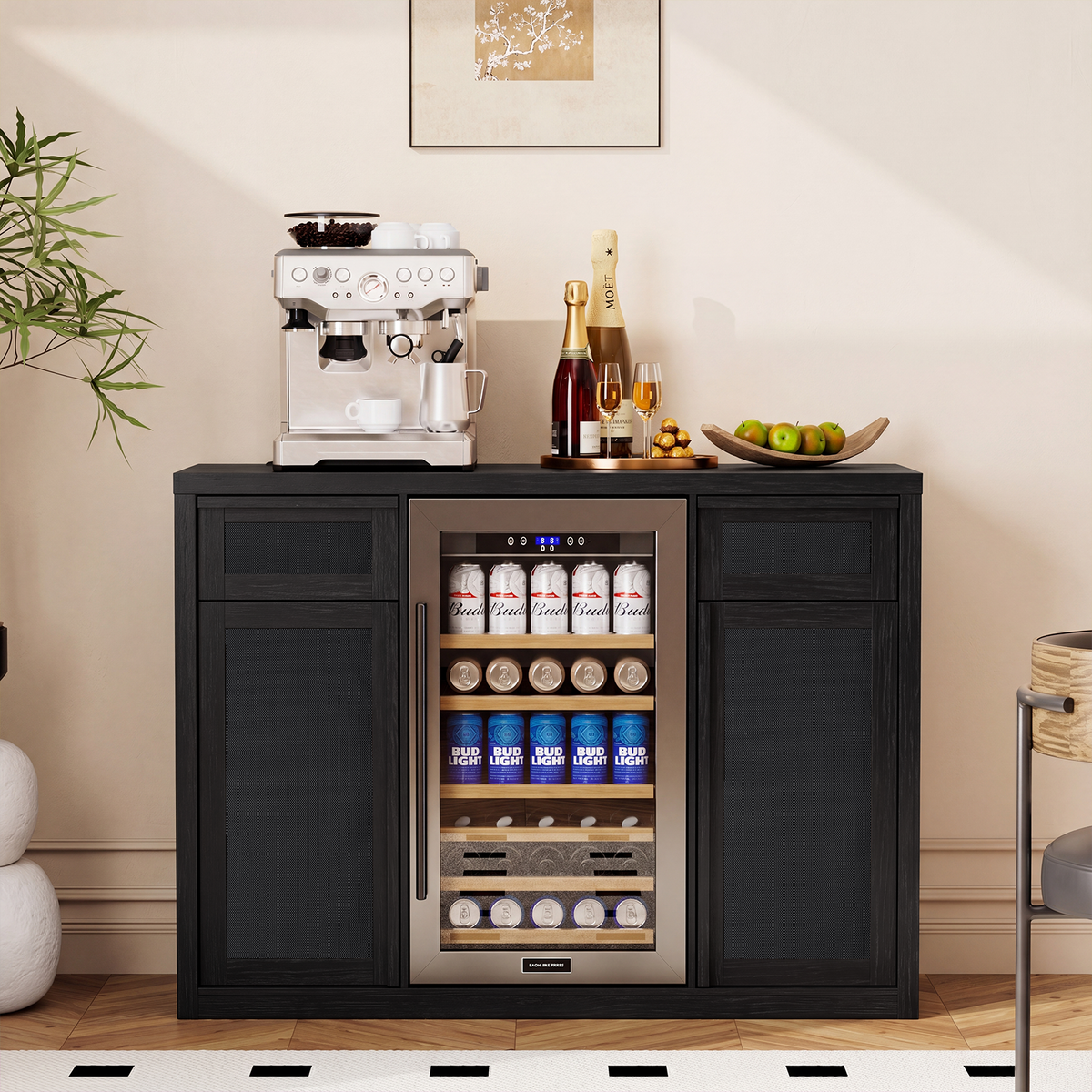 Brafabhome Wine Bar Cabinet with Fridge Space, Liquor Coffee Station with Glass Holder, Snack Organizer with Storage, Mini Fridge Cabinet With Charging Station for Home Theater or Game Room