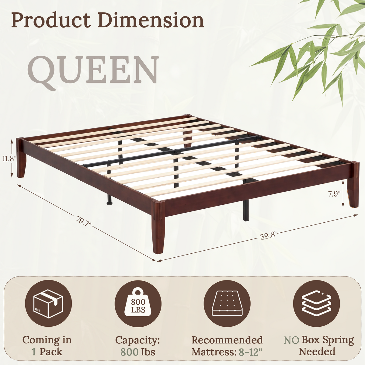 Brafabhome Bamboo Platform Bed Frame with Sturdy Support Legs, Joinery Bed Frame with Noise Free Solid Wood Slats, 4 Mattress Stoppers, No Box Spring Needed, Easy Assembly
