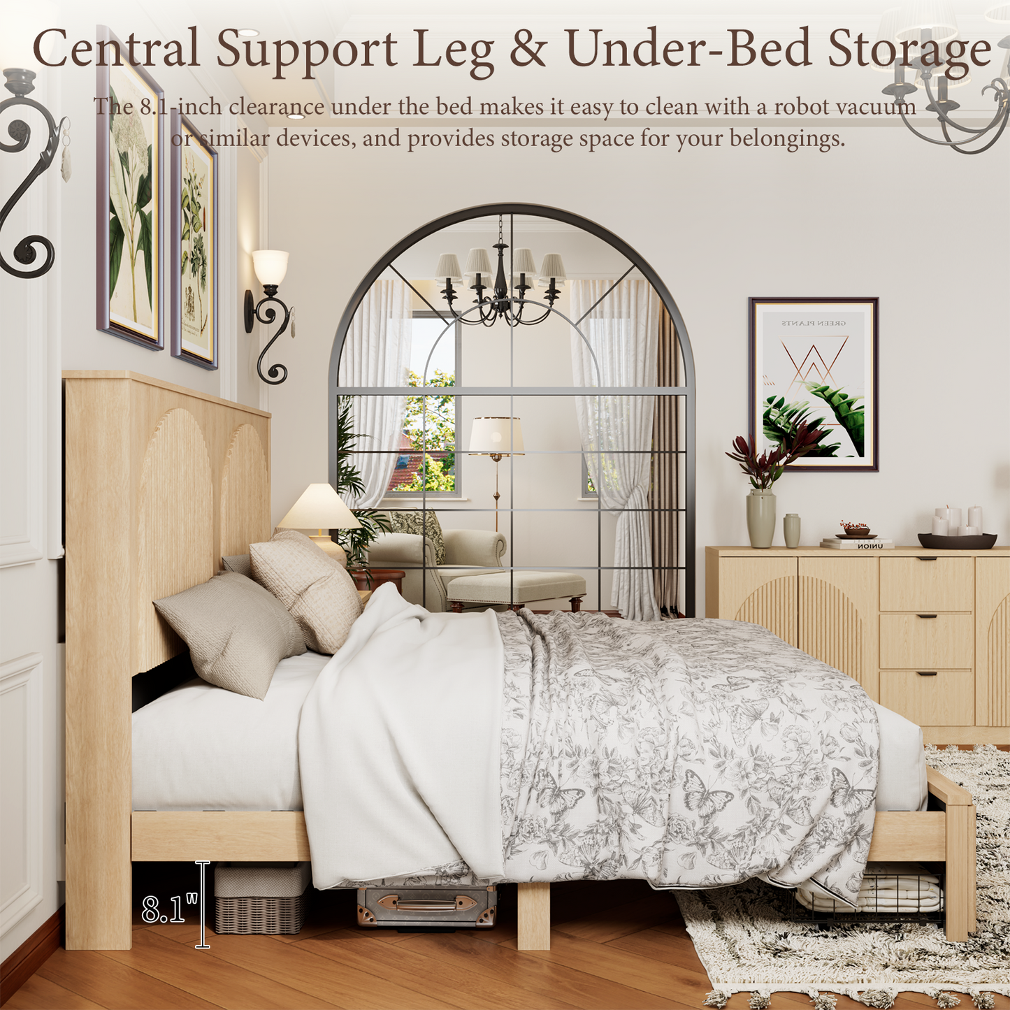 Brafabhome Bed Frame with 52.4" Tall Headboard, Wooden Fluted Bed Frame with 2 Storage Drawers, Modern Arched Reeded Platform Bed, No Box Spring Needed, Natural Oak