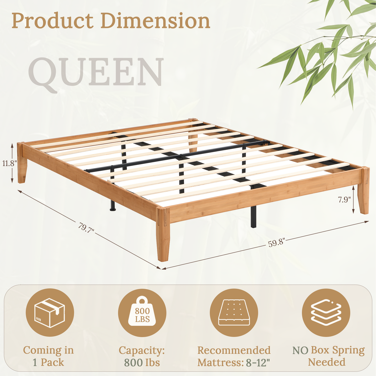 Brafabhome Bamboo Platform Bed Frame with Sturdy Support Legs, Joinery Bed Frame with Noise Free Solid Wood Slats, 4 Mattress Stoppers, No Box Spring Needed, Easy Assembly