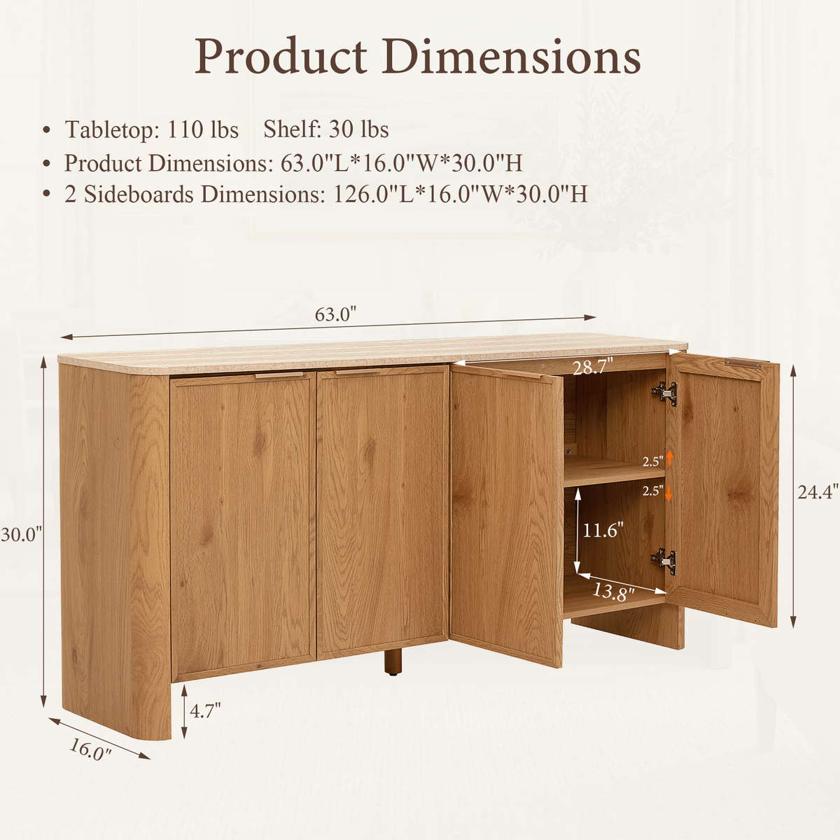 Brafabhome Modern Curved Buffet Cabinet with Storage, 63" Wide Wooden Modular Sideboard Cabinet with Faux Marble Top & Adjustable Shelf for Living Room Dining Room