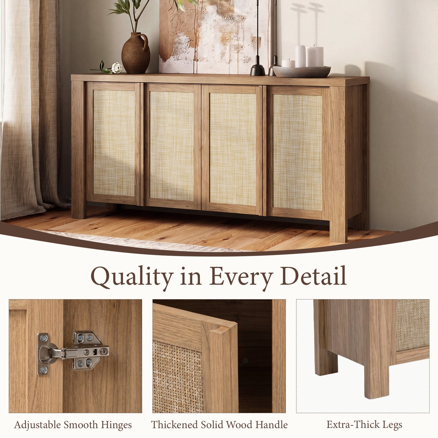 Brafabhome 63" Wide Sideboard with Solid Wood Handles, 4 Doors Buffet Cabinet with Storage Shelf for Living Room, Dining Room, Entryway