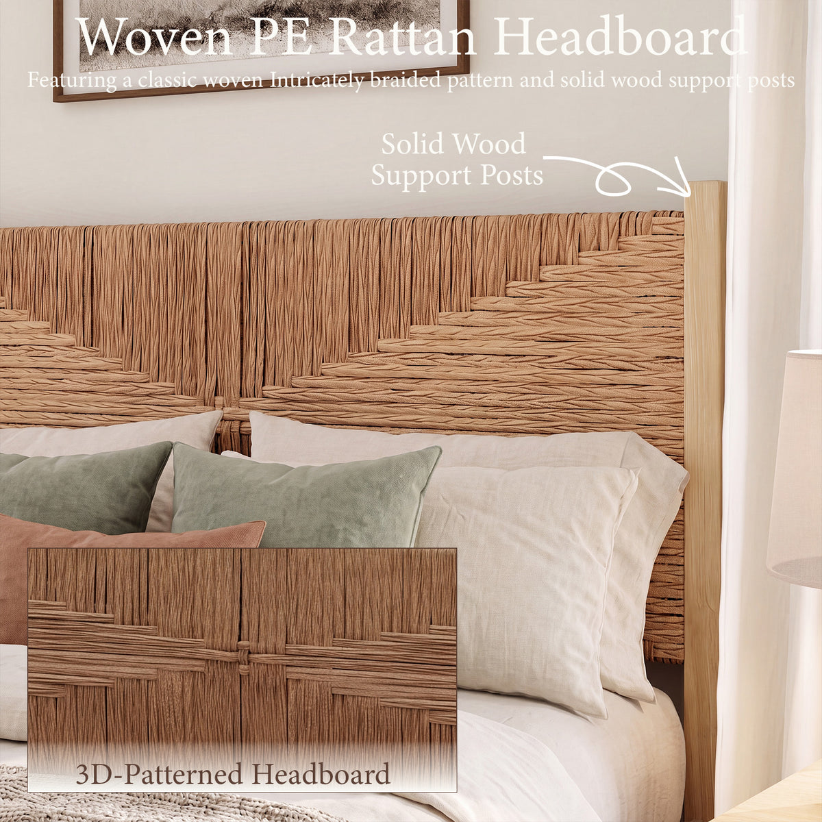 Brafabhome Solid Wood Bed Frame with Tall Headboard, Boho 3D Hand-Woven PE Rattan Bed Frame with Metal Slats, No Box Spring Needed, 1000 lbs