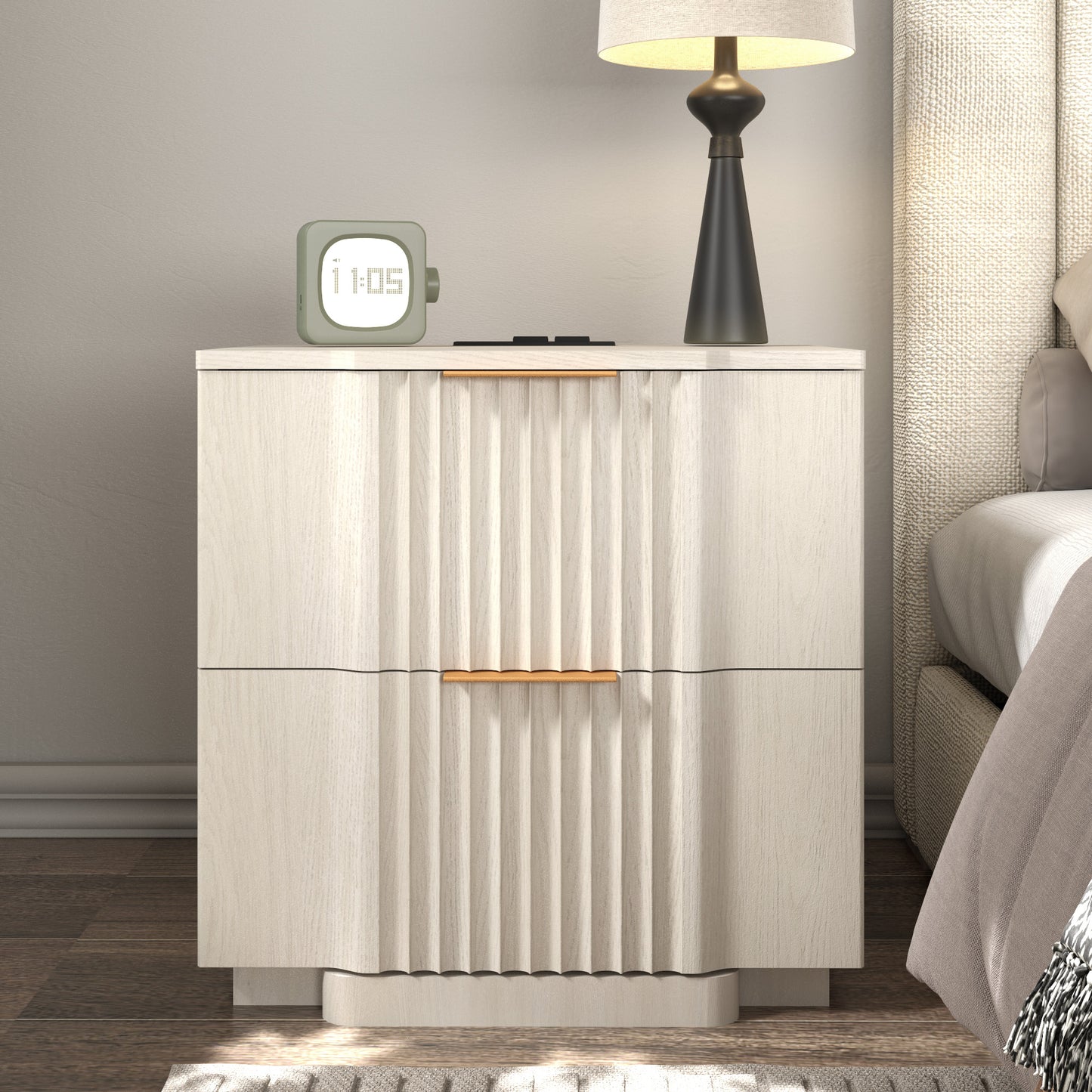 rafabhome Curved Profile Fluted Nightstand with Charging Station, Modern Large Nightstands with Drawer, Wood Bedside Table with Open Shelf for Bedroom Living Room Home Office