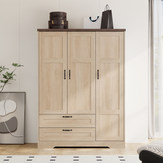 Brafabhome 62"H Wooden Armoire Wardrobe Closet with 2 Drawers, 3 Doors Modern Wardrobe Cabinet with Mirror and Adjustable Shelf for Clothes Coats