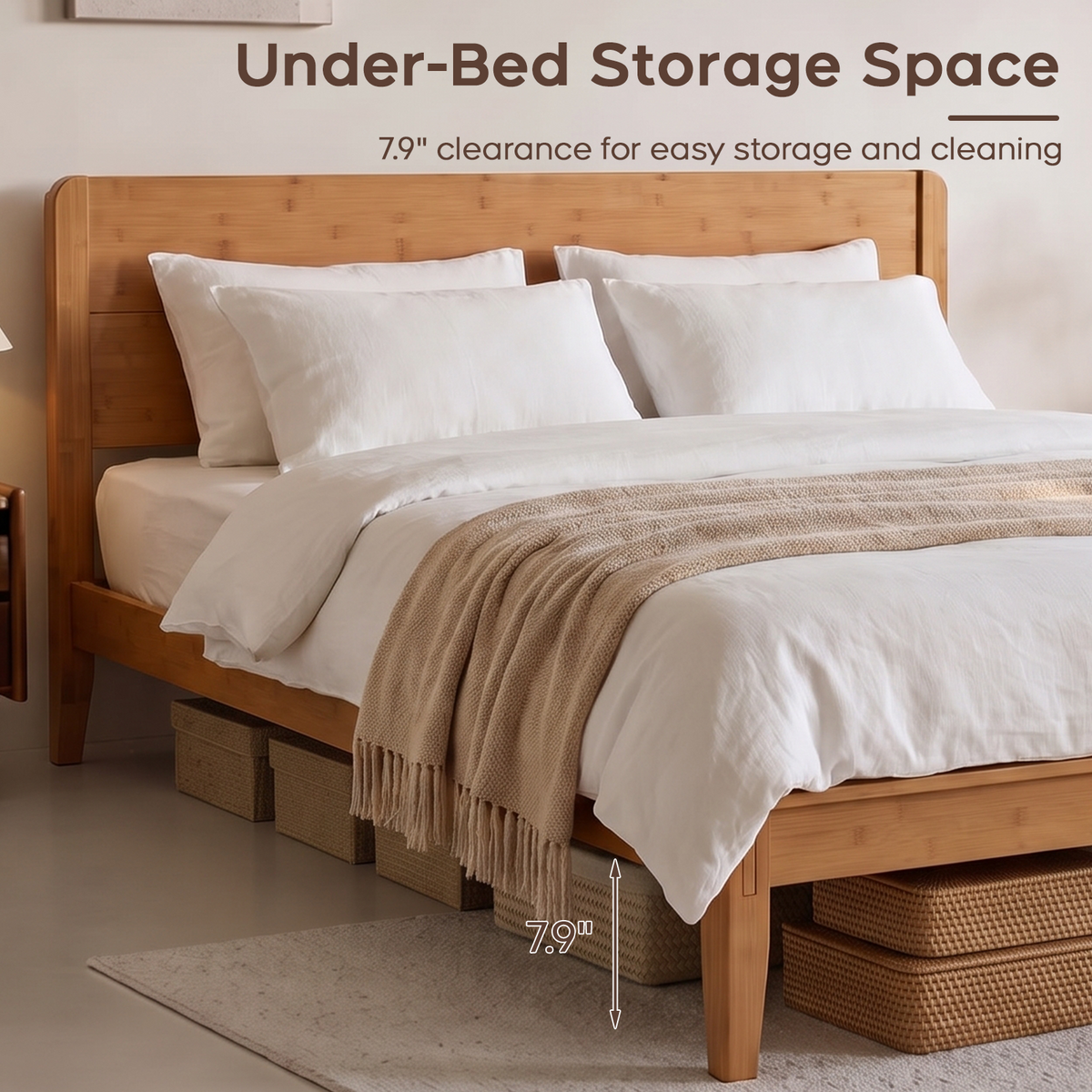 Brafabhome Bamboo Wood Bed Frame with Headboard, Joinery-Inspired Wood Platform Bed Frame, Easy Assembly, No Box Spring Needed