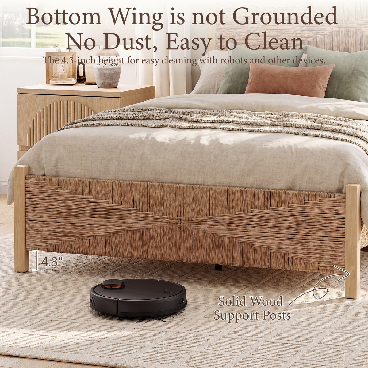 Brafabhome Solid Wood Bed Frame with Tall Headboard, Boho 3D Hand-Woven PE Rattan Bed Frame with Metal Slats, No Box Spring Needed, 1000 lbs
