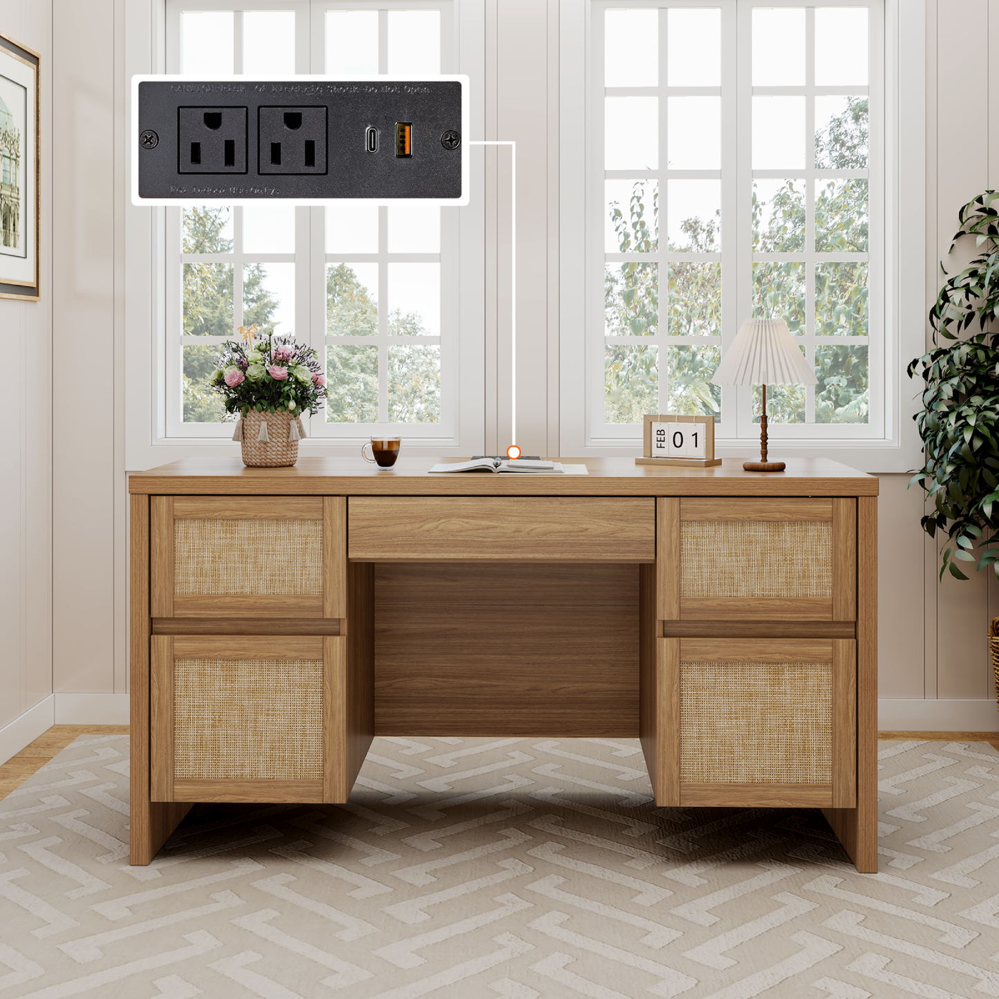 Brafabhome 57" Rattan Executive Desk with 5 Storage Drawers, Modern Study Writing Table Wooden Computer Desks with Charging Station for Home Office Bedroom