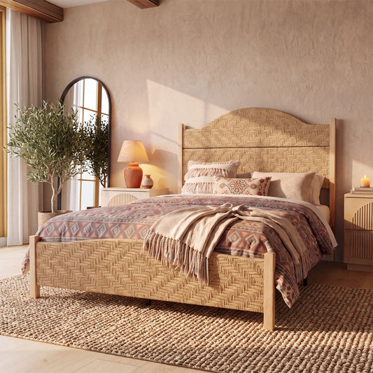 Brafabhome Bed Frame with Tall Headboard, Bohemian Hand-Woven PE Rattan Bedframe with Solid Wood Legs, No Box Spring Needed, 800lbs