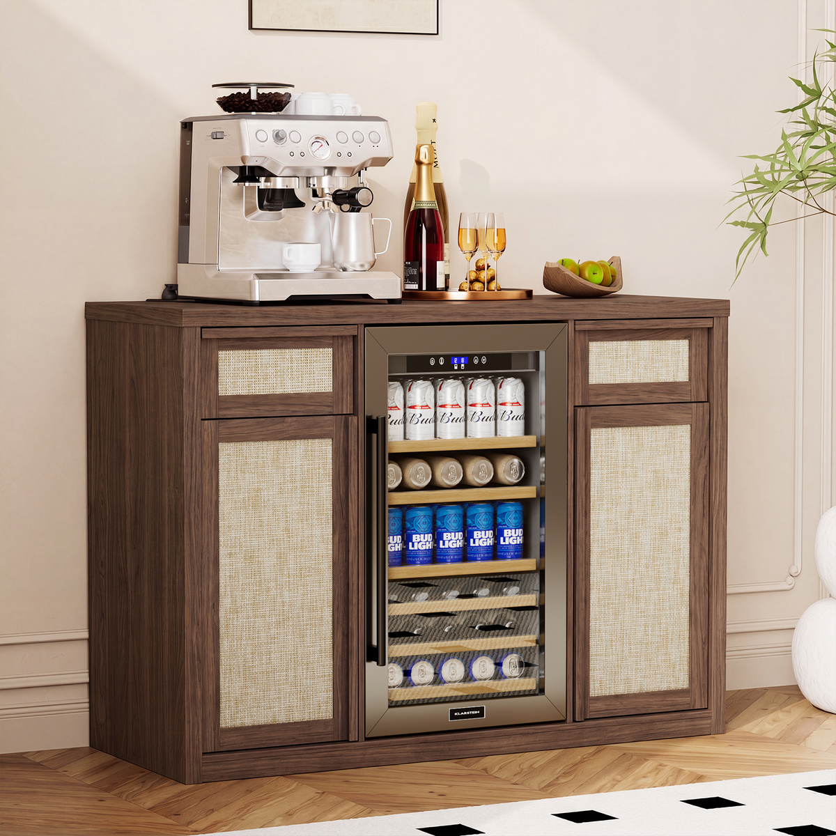 Brafabhome Wine Bar Cabinet with Fridge Space, Liquor Coffee Station with Glass Holder, Snack Organizer with Storage, Mini Fridge Cabinet With Charging Station for Home Theater or Game Room