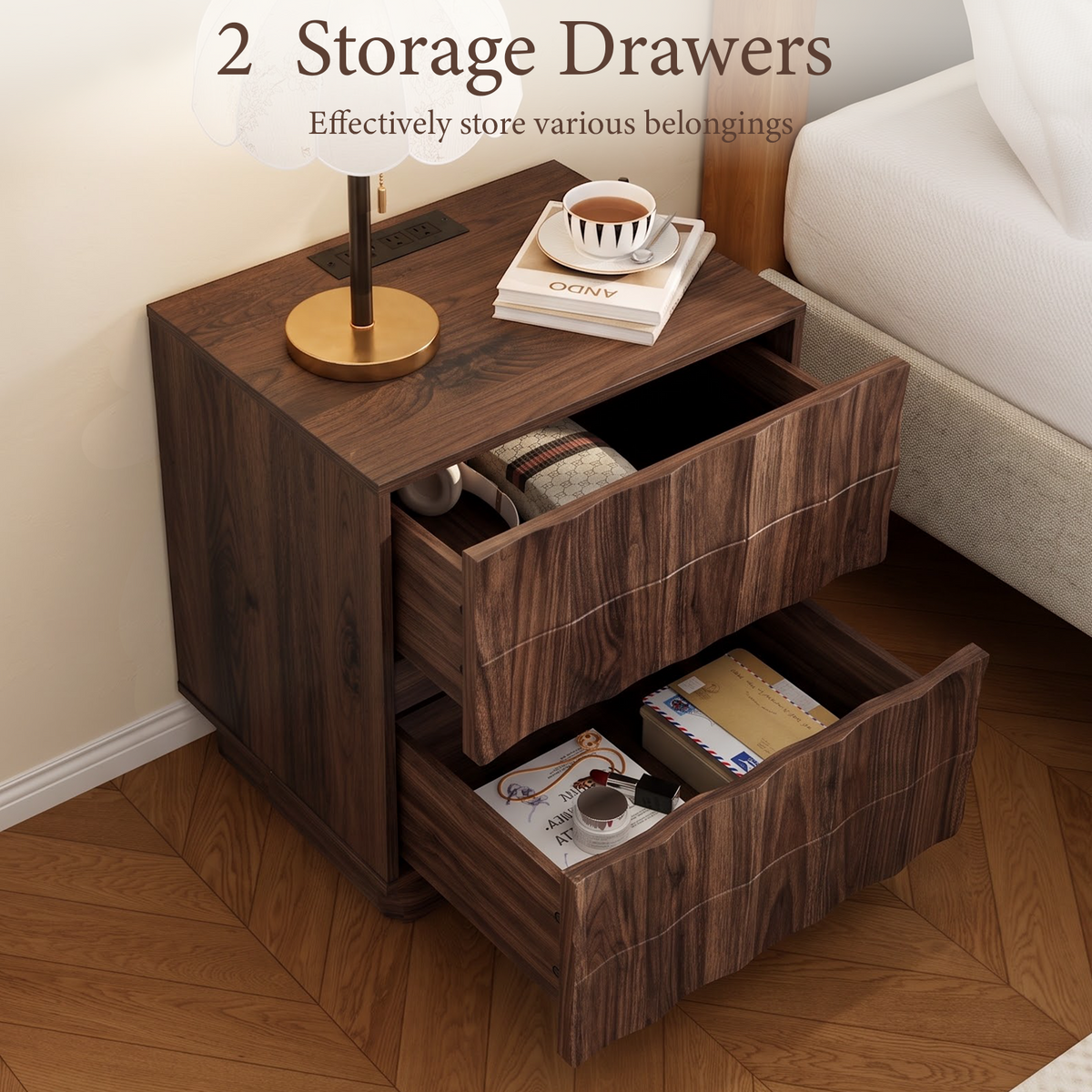 Brafabhome Fast Charing Nightstands with 2 Drawers, Wooden Bedside Table with Artistic 3D Embossed Panel, Farmhouse Night Stand with Storage for Bedroom