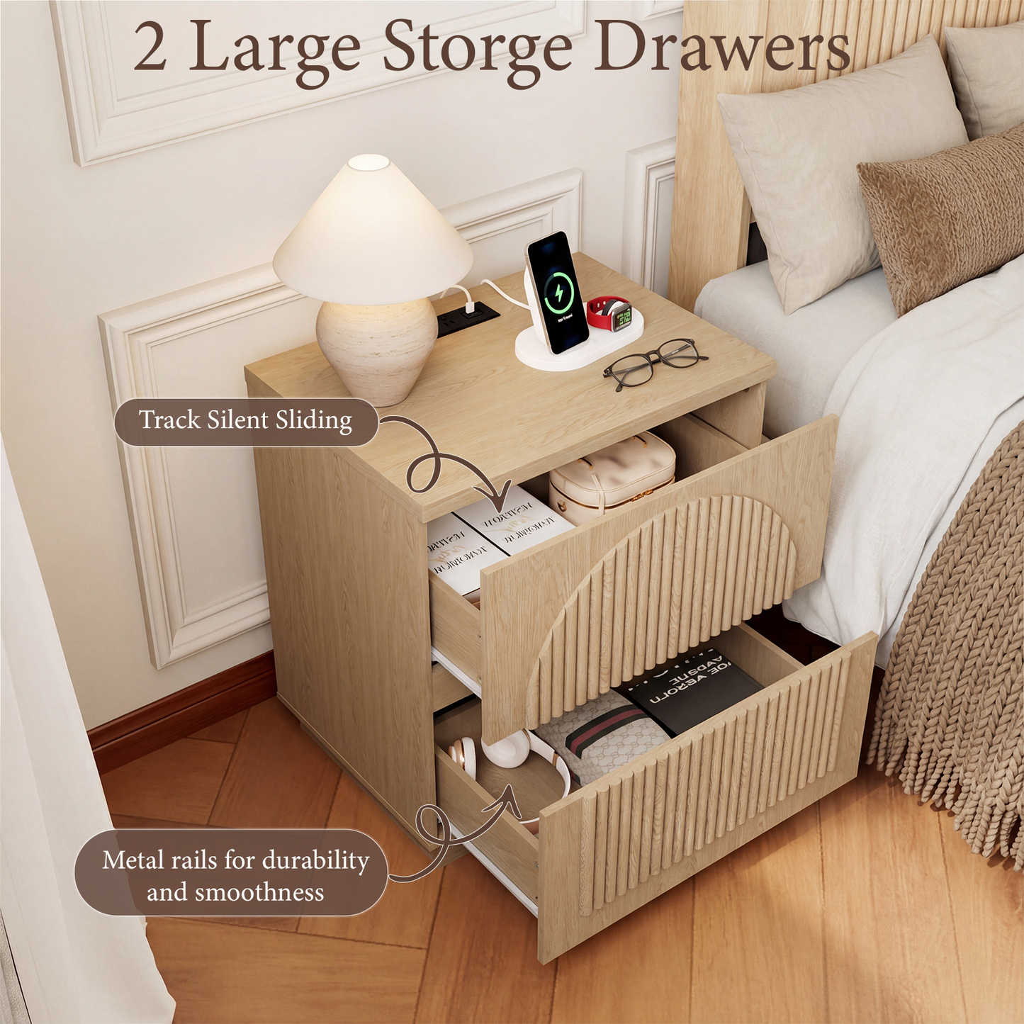 Brafabhome Wood Nightstands with Charging Station, Arched Reeded Night Stand with 2 Drawers, Modern Bedside Tables for Bedroom Living Room