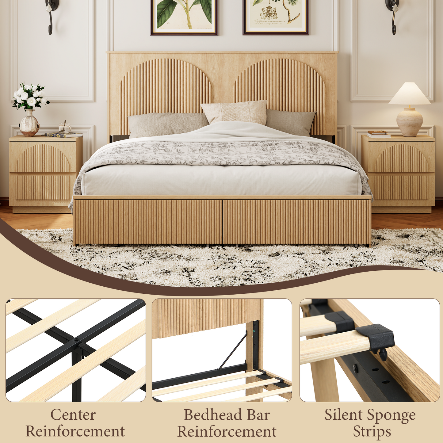 Brafabhome Bed Frame with 52.4" Tall Headboard, Wooden Fluted Bed Frame with 2 Storage Drawers, Modern Arched Reeded Platform Bed, No Box Spring Needed, Natural Oak
