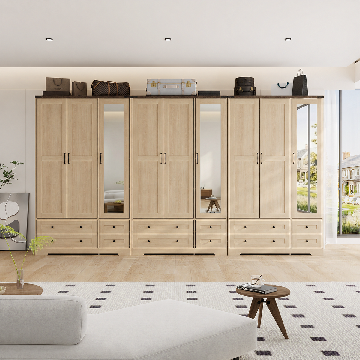 Brafabhome 71"H Wooden Armoire Wardrobe Closet with 4 Drawers, 3 Doors Modern Wardrobe Cabinet with Mirror and Adjustable Shelf for Clothes Coats, White