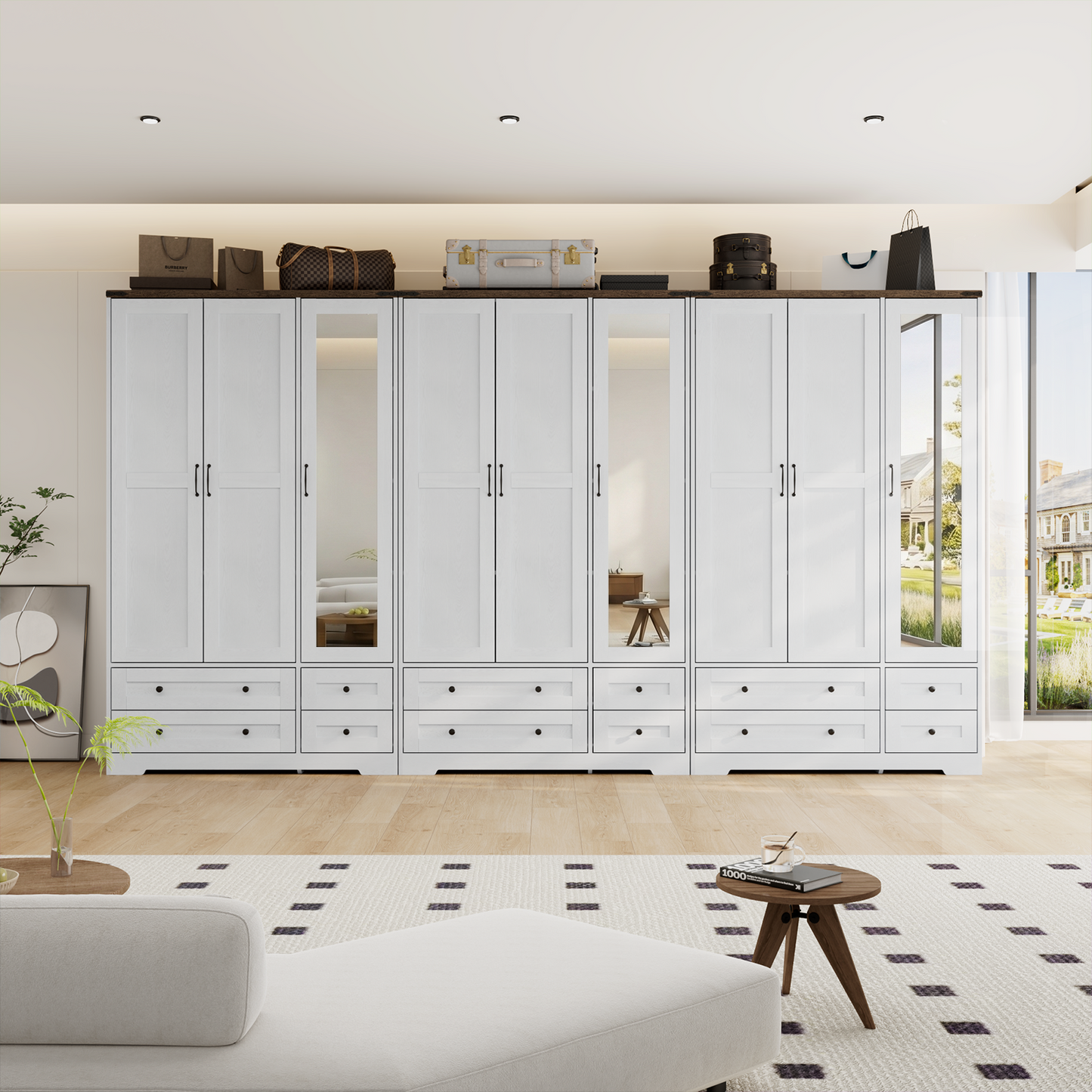 Brafabhome 71"H Wooden Armoire Wardrobe Closet with 4 Drawers, 3 Doors Modern Wardrobe Cabinet with Mirror and Adjustable Shelf for Clothes Coats, White