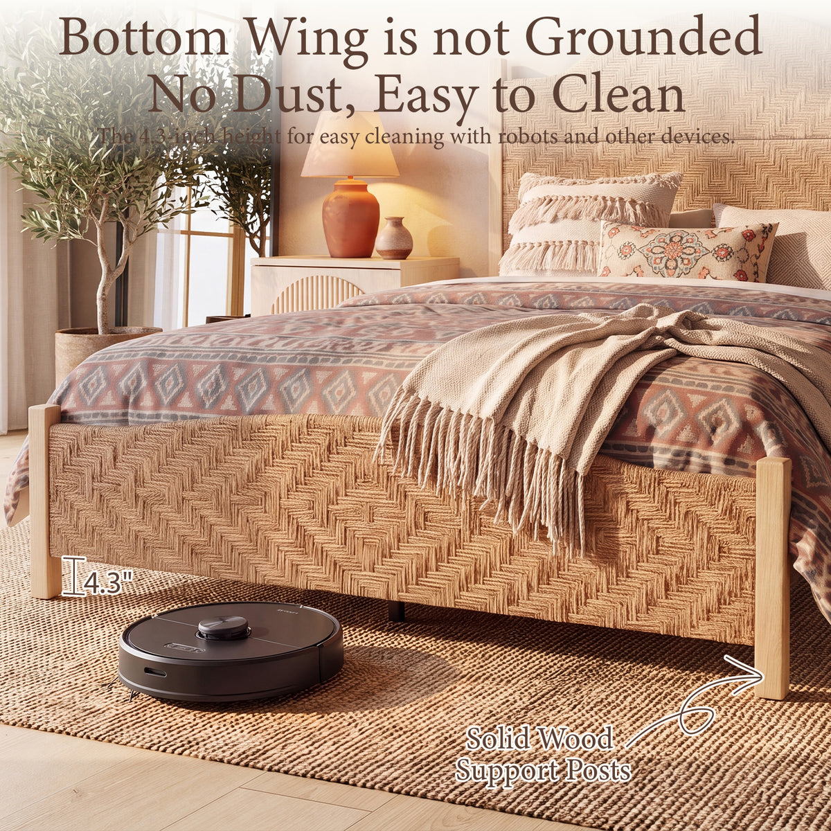 Brafabhome Bed Frame with Tall Headboard, Bohemian Hand-Woven PE Rattan Bedframe with Solid Wood Legs, No Box Spring Needed, 800lbs