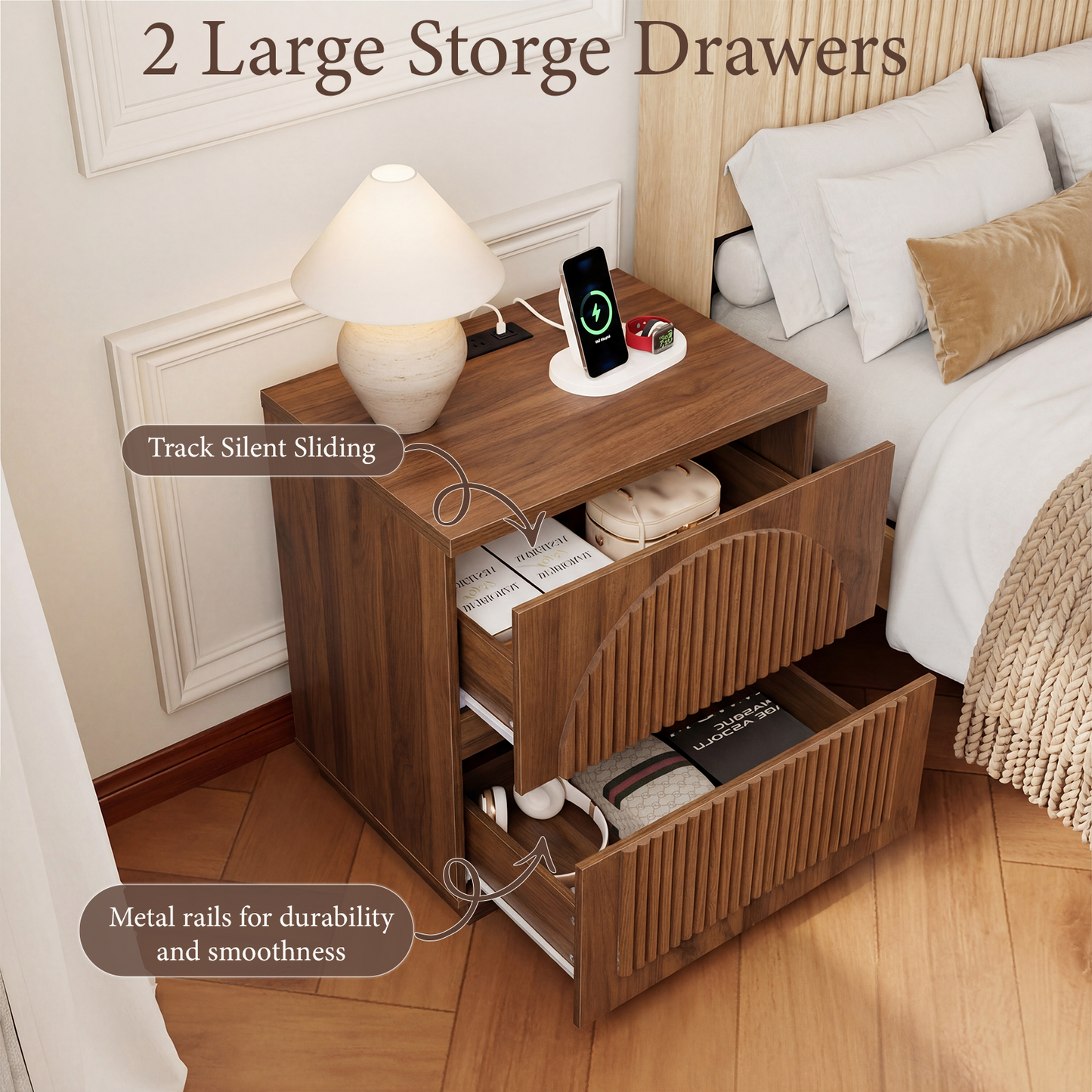 Brafabhome Wood Nightstands with Charging Station, Arched Reeded Night Stand with 2 Drawers, Modern Bedside Tables for Bedroom Living Room