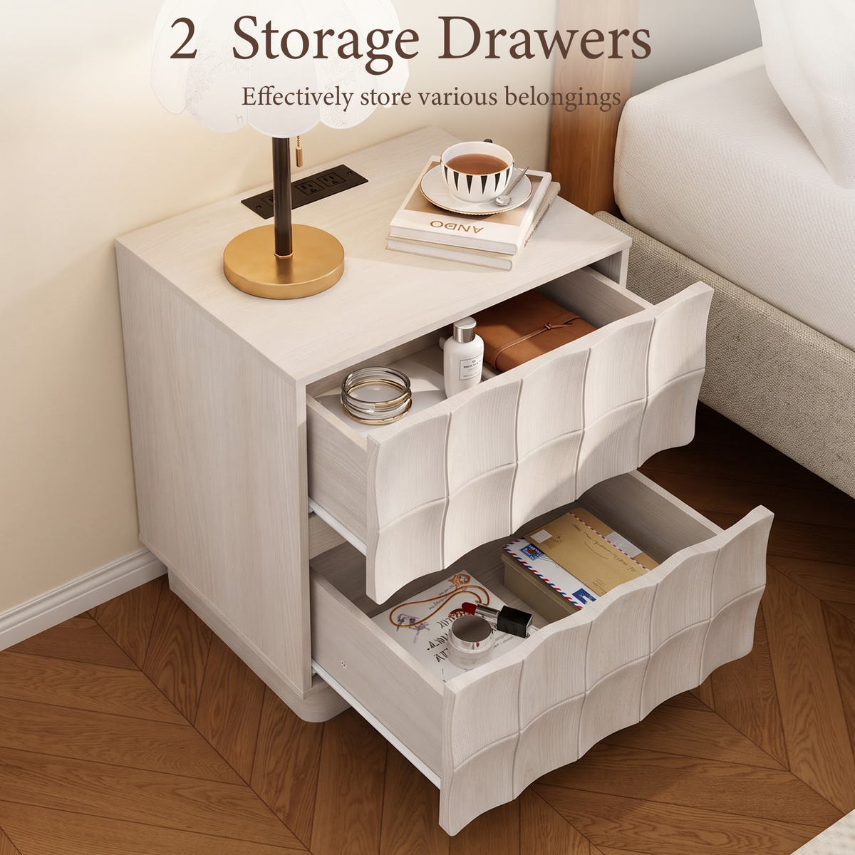 Brafabhome Fast Charing Nightstands with 2 Drawers, Wooden Bedside Table with Artistic 3D Embossed Panel, Farmhouse Night Stand with Storage for Bedroom