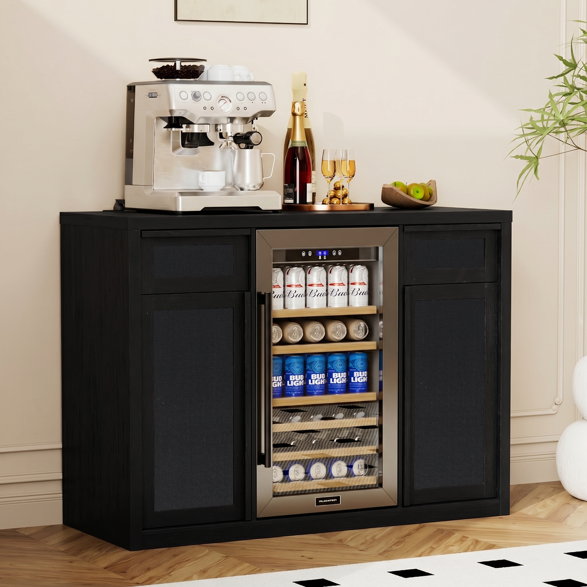 Brafabhome Wine Bar Cabinet with Fridge Space, Liquor Coffee Station with Glass Holder, Snack Organizer with Storage, Mini Fridge Cabinet With Charging Station for Home Theater or Game Room