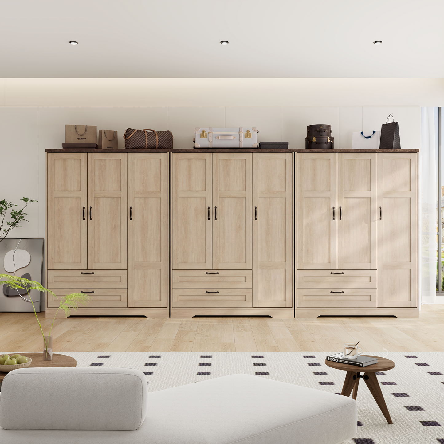 Brafabhome 62"H Wooden Armoire Wardrobe Closet with 2 Drawers, 3 Doors Modern Wardrobe Cabinet with Mirror and Adjustable Shelf for Clothes Coats