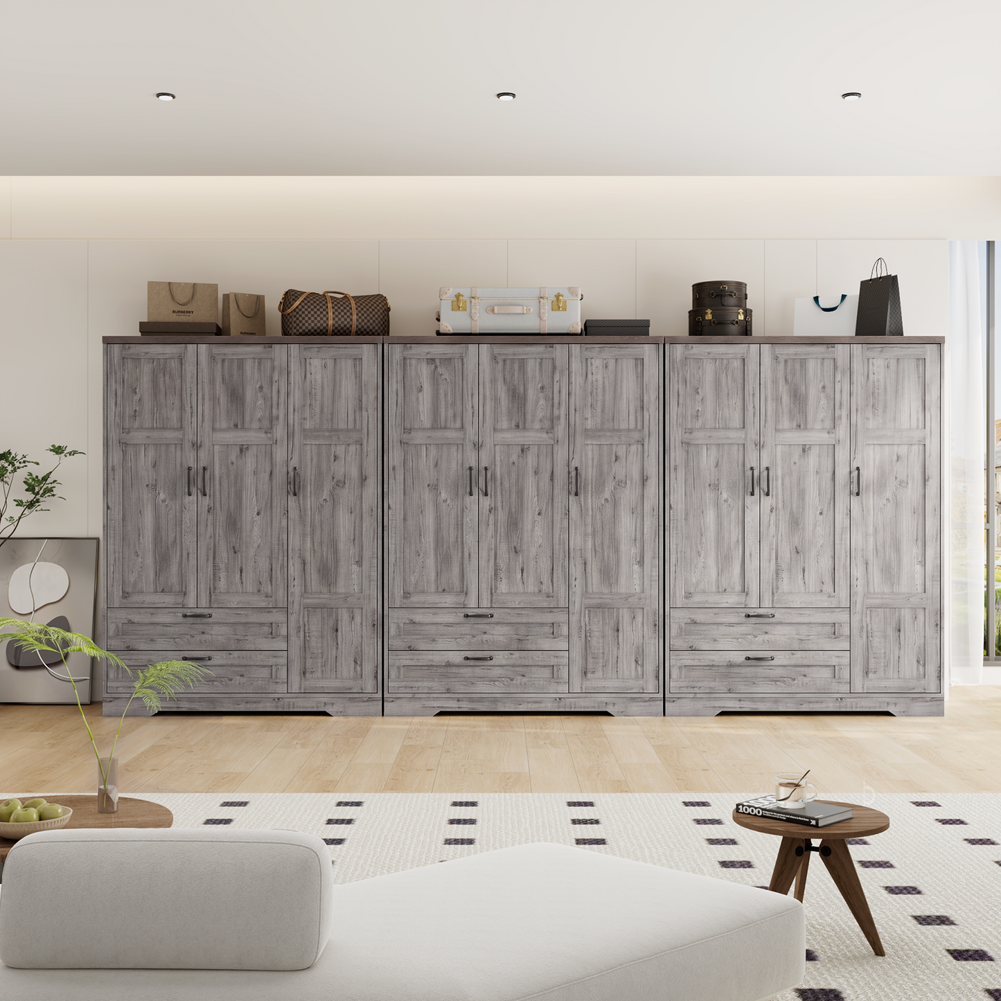 Brafabhome 62"H Wooden Armoire Wardrobe Closet with 2 Drawers, 3 Doors Modern Wardrobe Cabinet with Mirror and Adjustable Shelf for Clothes Coats