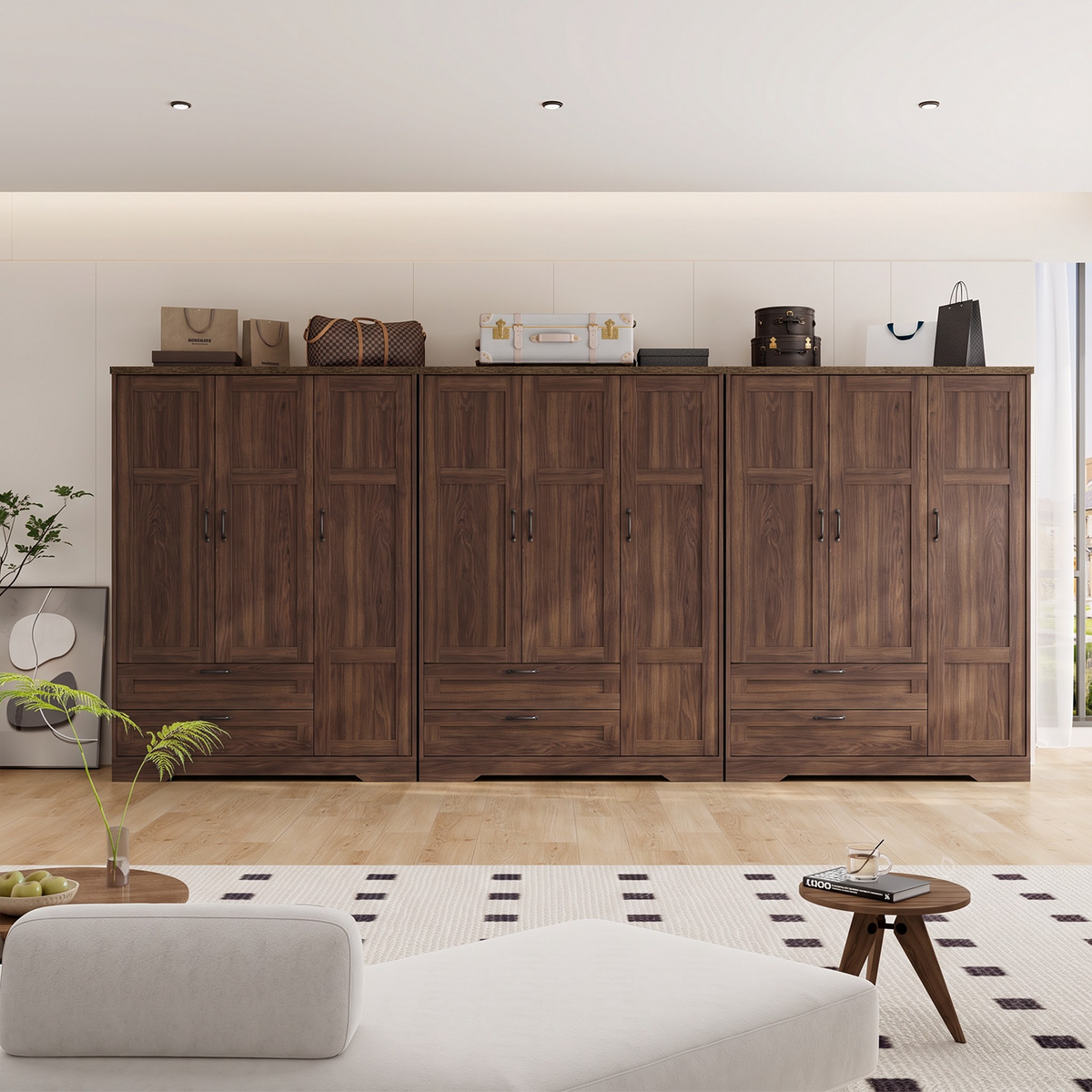 Brafabhome 62"H Wooden Armoire Wardrobe Closet with 2 Drawers, 3 Doors Modern Wardrobe Cabinet with Mirror and Adjustable Shelf for Clothes Coats
