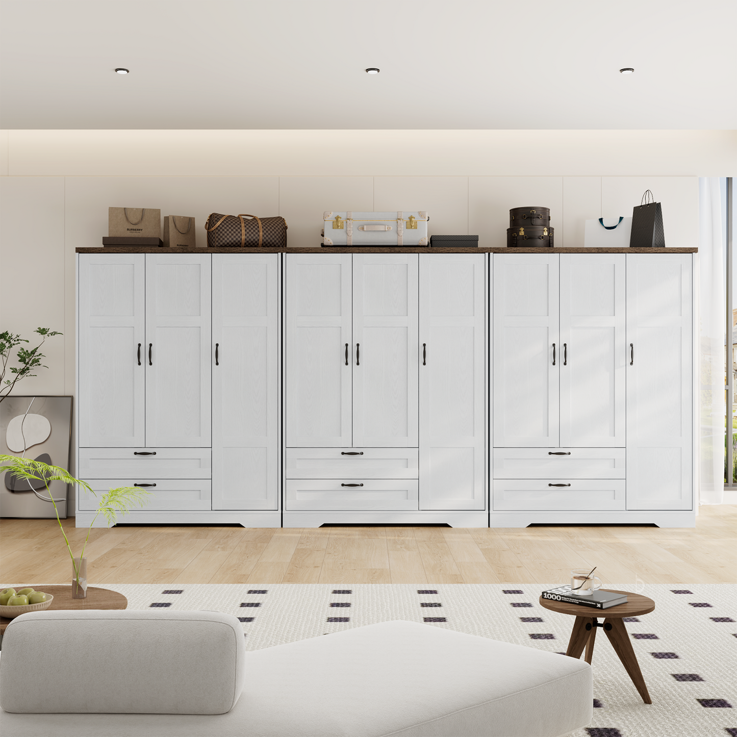 Brafabhome 62"H Wooden Armoire Wardrobe Closet with 2 Drawers, 3 Doors Modern Wardrobe Cabinet with Mirror and Adjustable Shelf for Clothes Coats