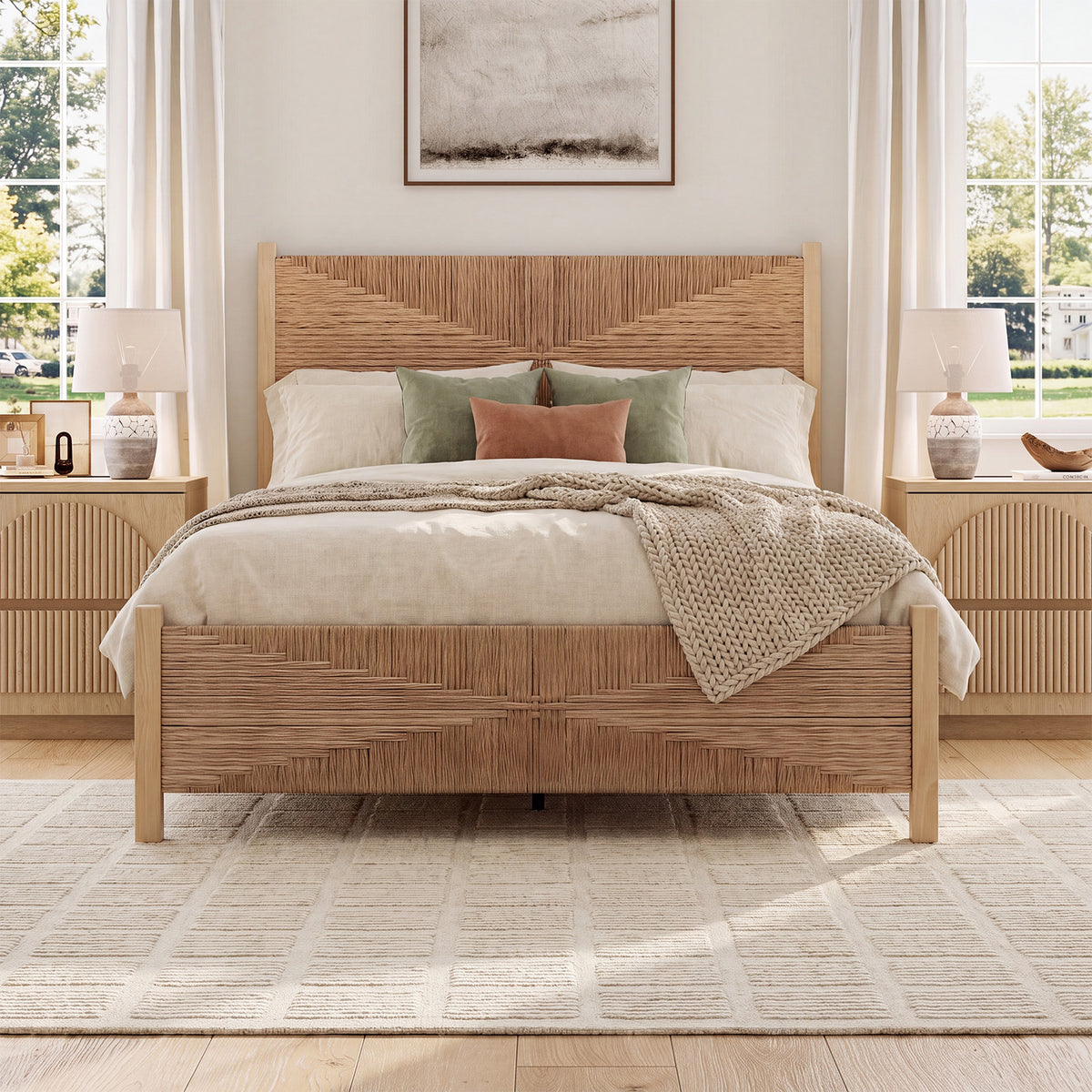 Brafabhome Solid Wood Bed Frame with Tall Headboard, Boho 3D Hand-Woven PE Rattan Bed Frame with Metal Slats, No Box Spring Needed, 1000 lbs
