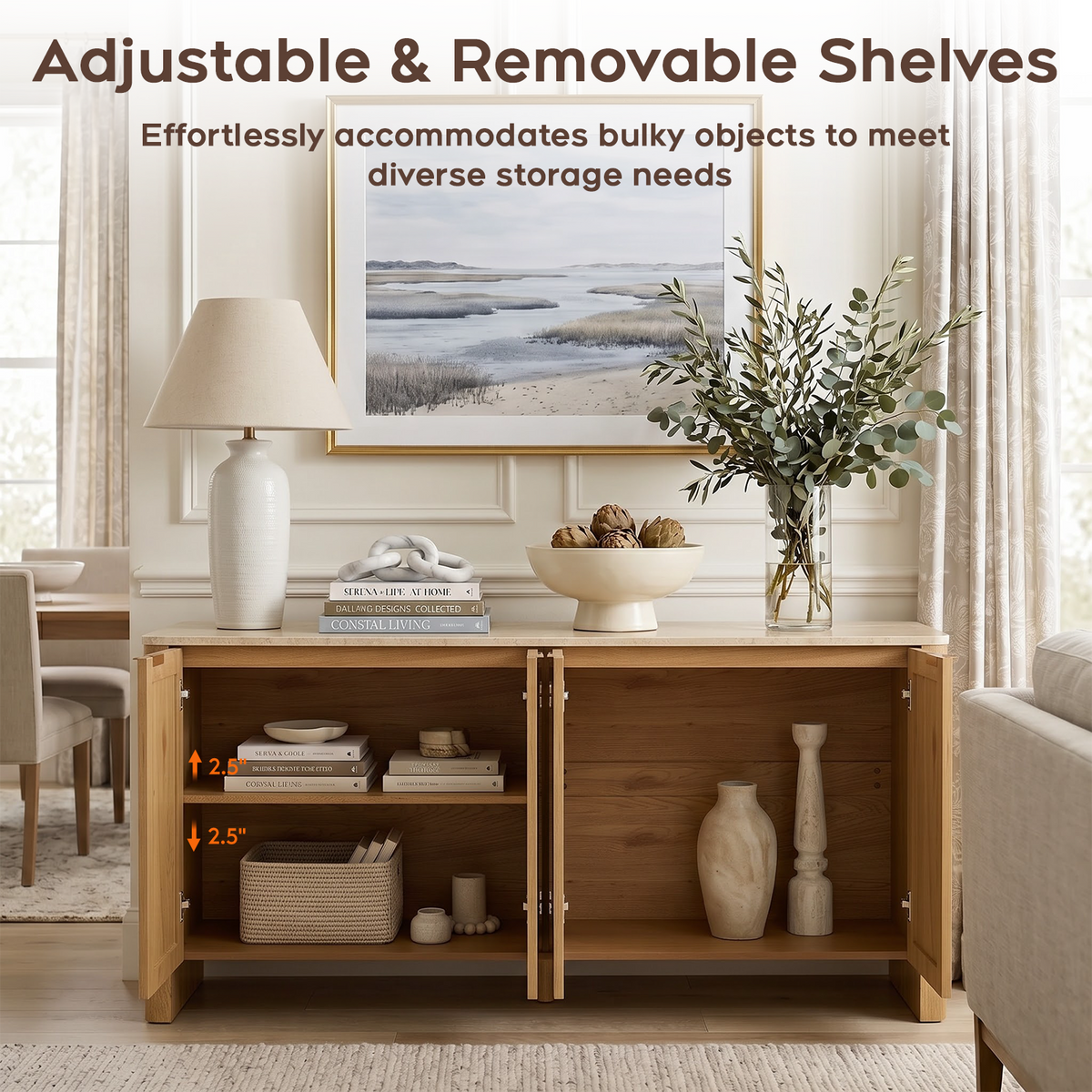 Brafabhome Modern Curved Buffet Cabinet with Storage, 63" Wide Wooden Modular Sideboard Cabinet with Faux Marble Top & Adjustable Shelf for Living Room Dining Room