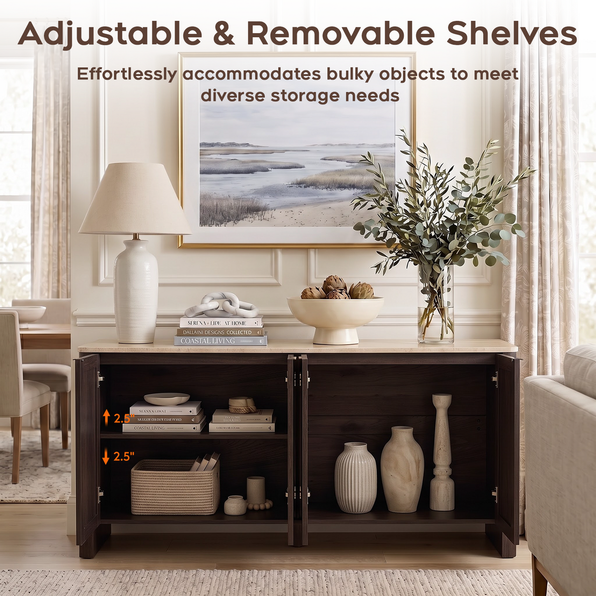 Brafabhome Modern Curved Buffet Cabinet with Storage, 63" Wide Wooden Modular Sideboard Cabinet with Faux Marble Top & Adjustable Shelf for Living Room Dining Room