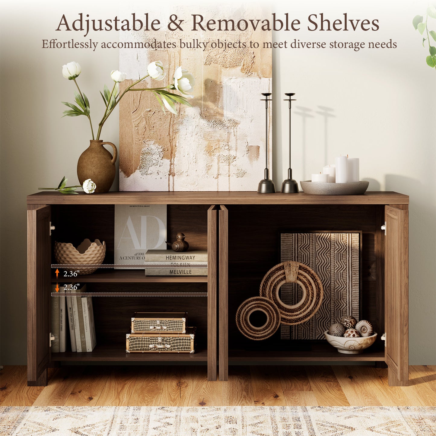 Brafabhome 63" Wide Sideboard with Solid Wood Handles, 4 Doors Buffet Cabinet with Storage Shelf for Living Room, Dining Room, Entryway