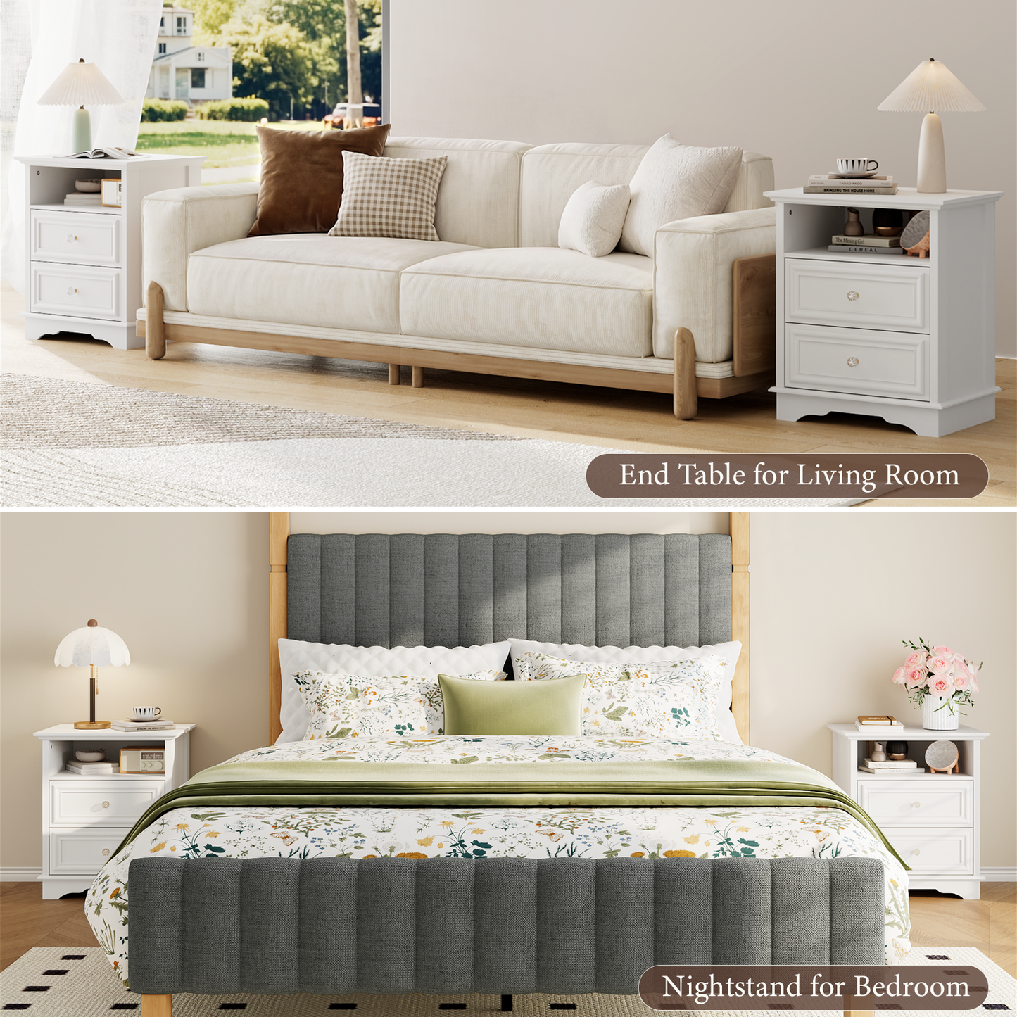 Brafabhome Farmhouse Mid Century Modern Nightstand, 2-Drawer 25" Tall Wood