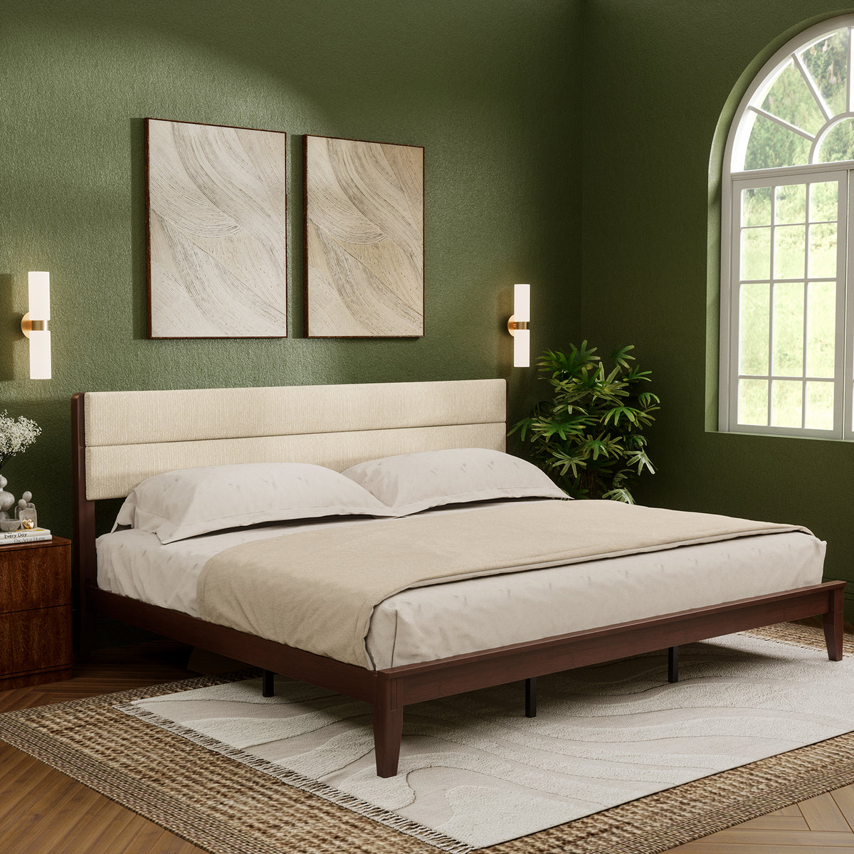 Brafabhome Bed Frame with Upholstered Headboard, Joinery Bamboo Wood Platform Bed with Noise Free Wood Slats, No Box Spring Needed, Easy Assembly